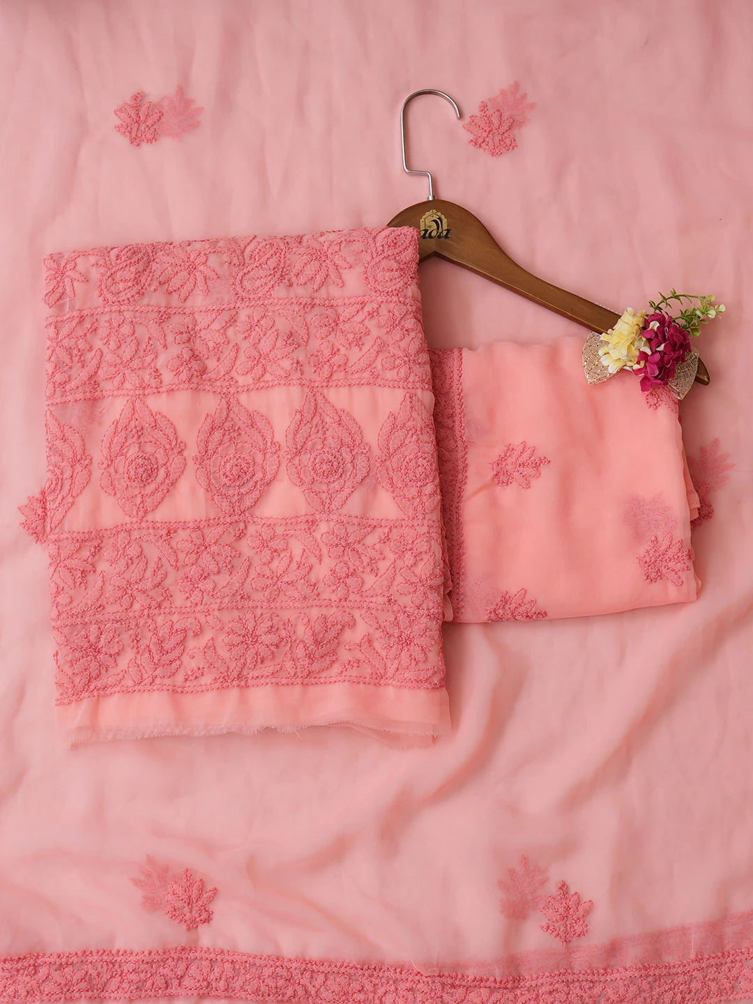 Ada Hand Embroidered Carrot Pink Faux Georgette Lucknowi Chikankari Unstitched Suit Piece 01A921620