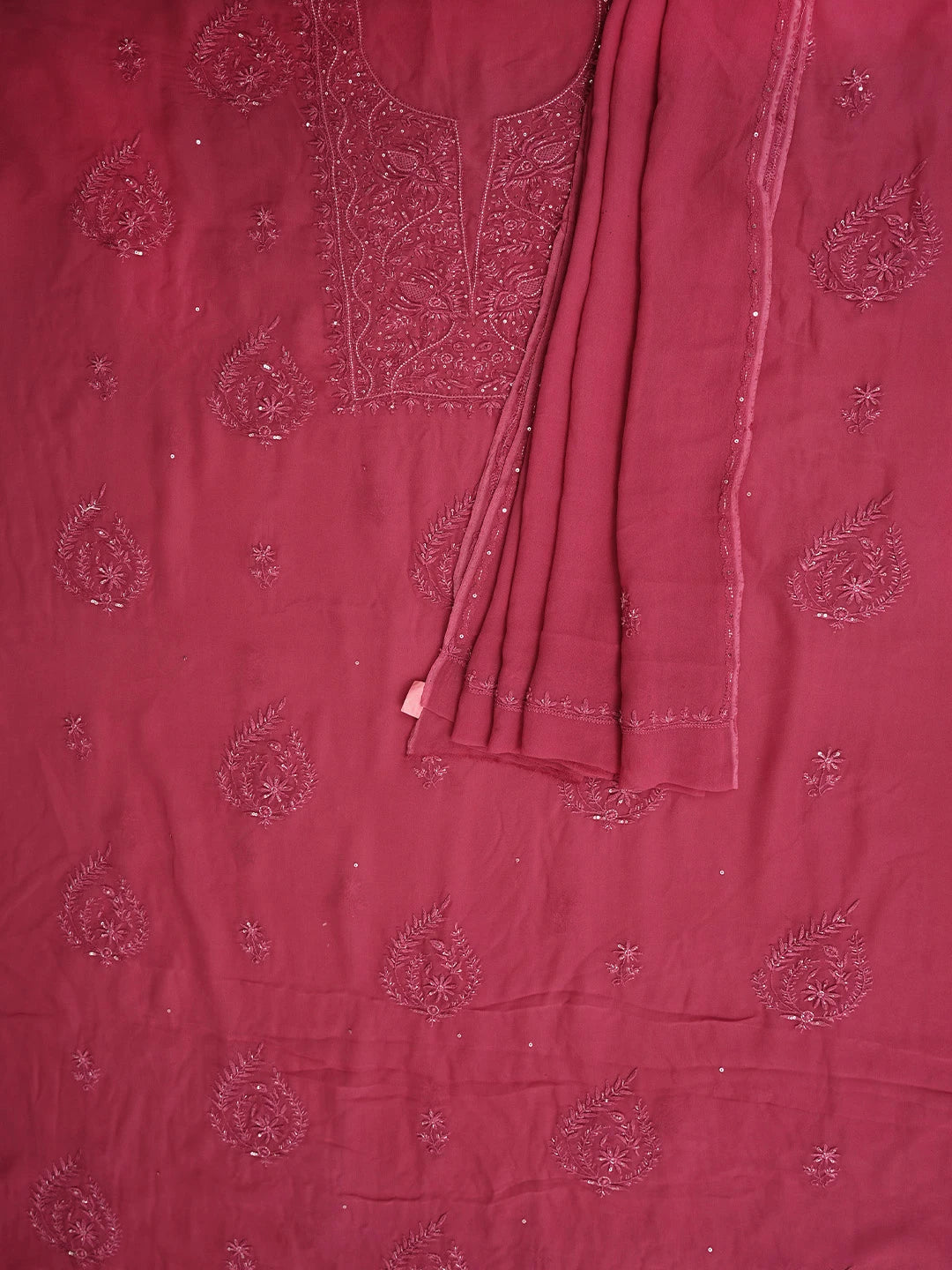Ada Hand Embroidered Hot Berry Pink Viscose Georgette Lucknowi Chikankari Unstitched Kurta Dupatta Set With Cutdana Work 01A810431