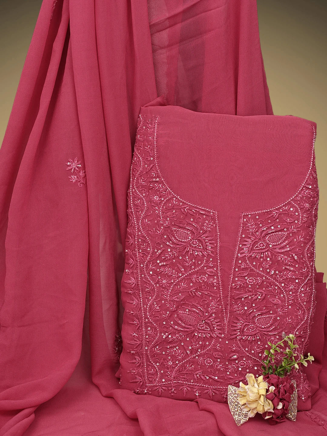 Ada Hand Embroidered Hot Berry Pink Viscose Georgette Lucknowi Chikankari Unstitched Kurta Dupatta Set With Cutdana Work 01A810431