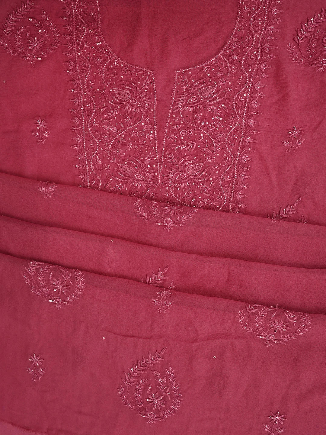 Ada Hand Embroidered Hot Berry Pink Viscose Georgette Lucknowi Chikankari Unstitched Kurta Dupatta Set With Cutdana Work 01A810431