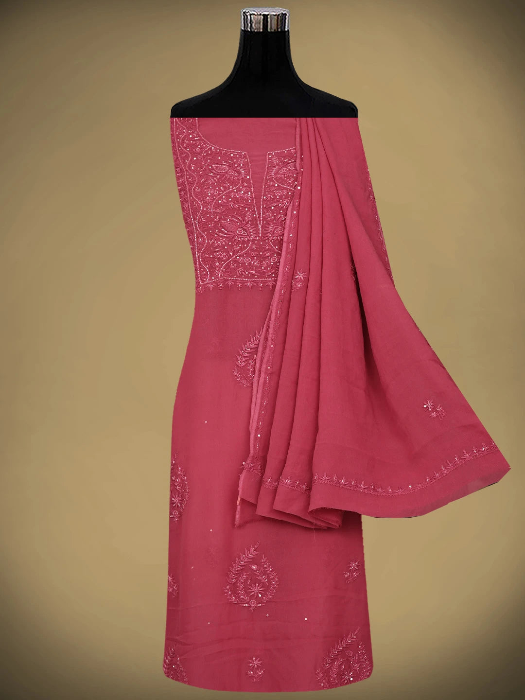 Ada Hand Embroidered Hot Berry Pink Viscose Georgette Lucknowi Chikankari Unstitched Kurta Dupatta Set With Cutdana Work 01A810431
