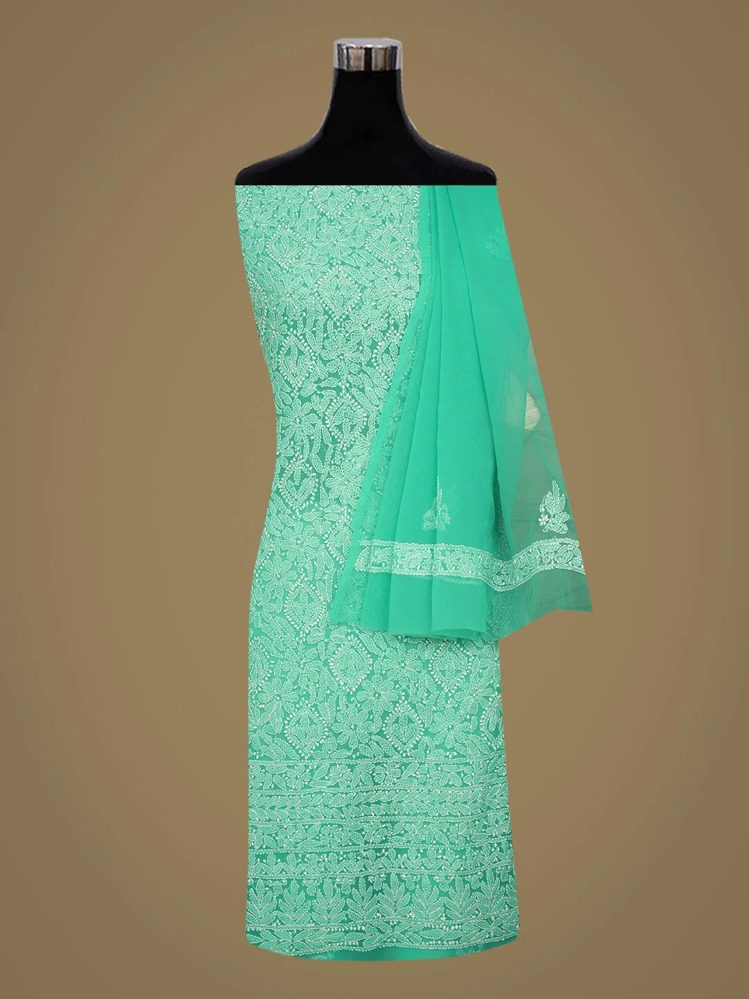 Ada Hand Embroidered Rama Green Faux Georgette Lucknowi Chikankari Unstitched Suit Piece 01A905893