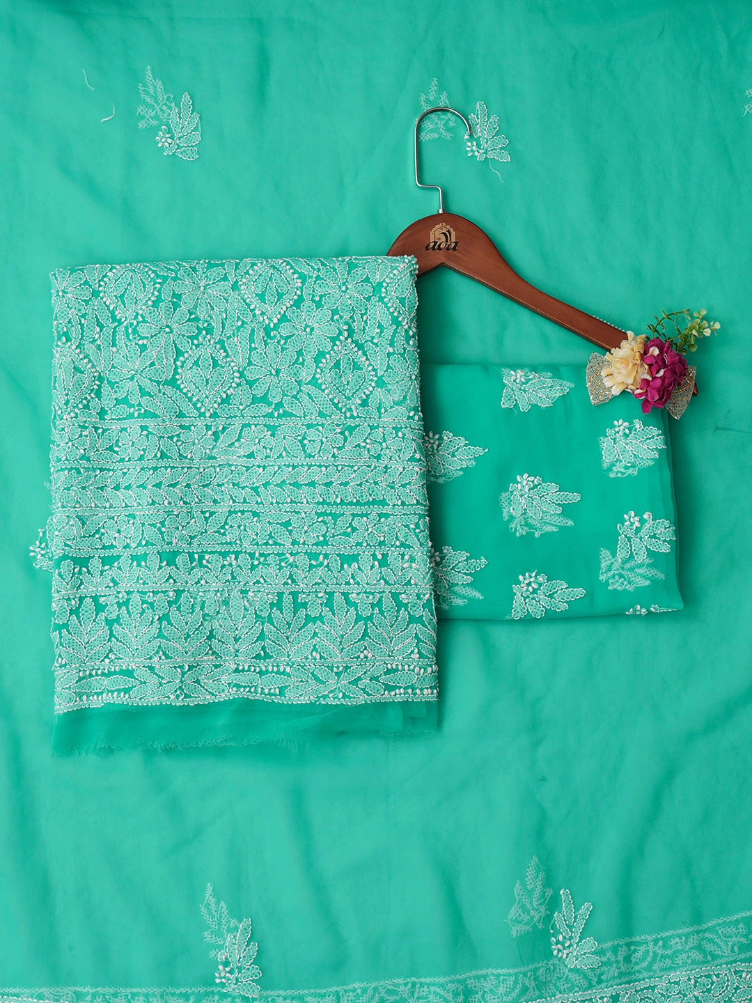 Ada Hand Embroidered Rama Green Faux Georgette Lucknowi Chikankari Unstitched Suit Piece 01A905893