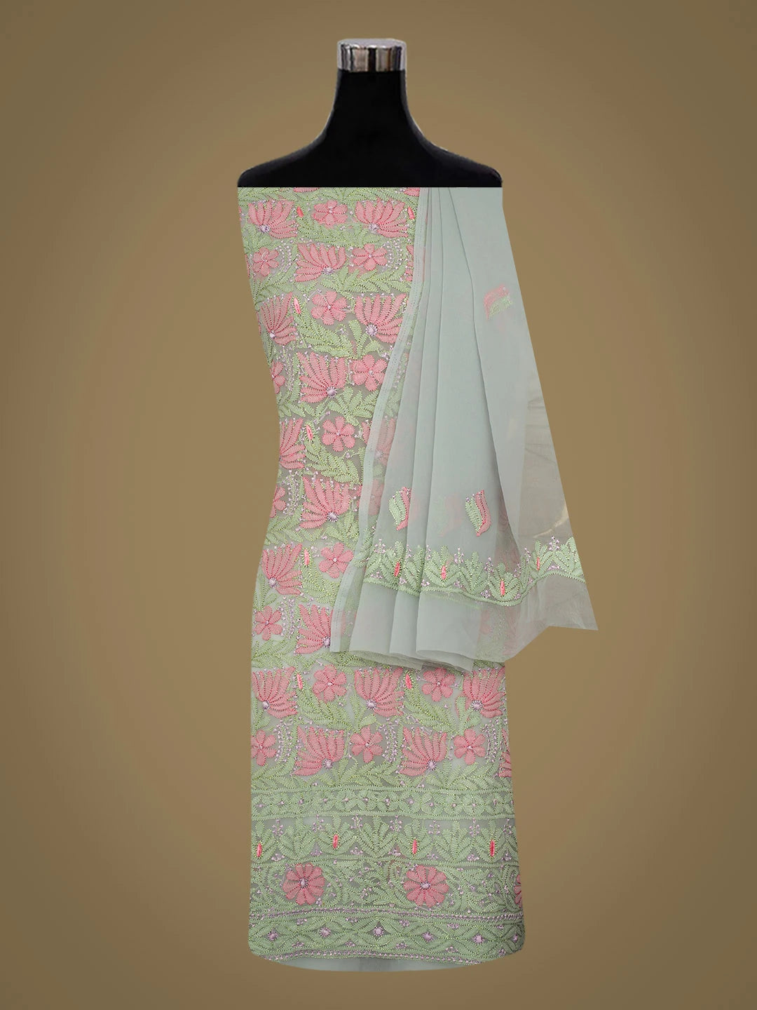 Ada Hand Embroidered Grey Faux Georgette Lucknowi Chikankari Unstitched Suit Piece 01A884031