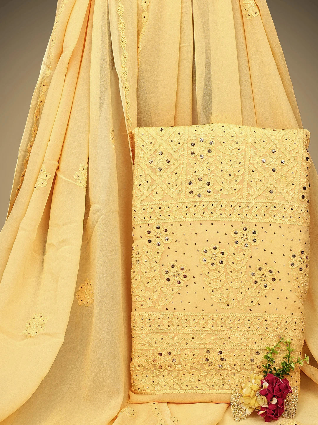 Ada Hand Embroidered Beige Viscose Georgette Lucknowi Chikankari Unstitched Kurta Dupatta Set With Muqaish Work 01A967059