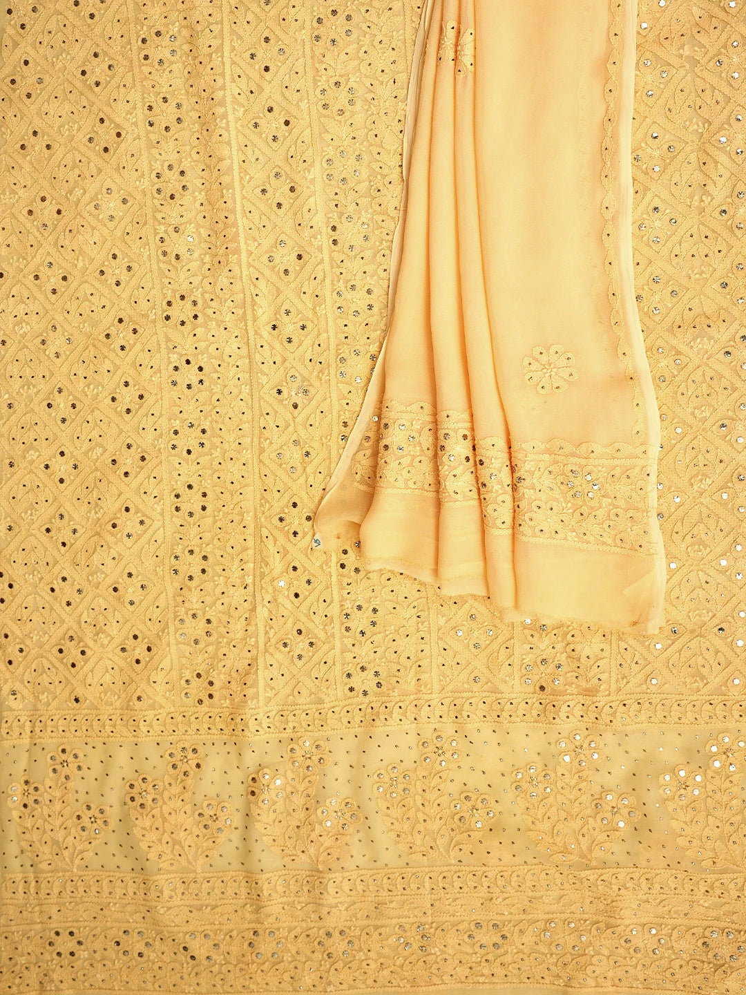Ada Hand Embroidered Beige Viscose Georgette Lucknowi Chikankari Unstitched Kurta Dupatta Set With Muqaish Work 01A967059