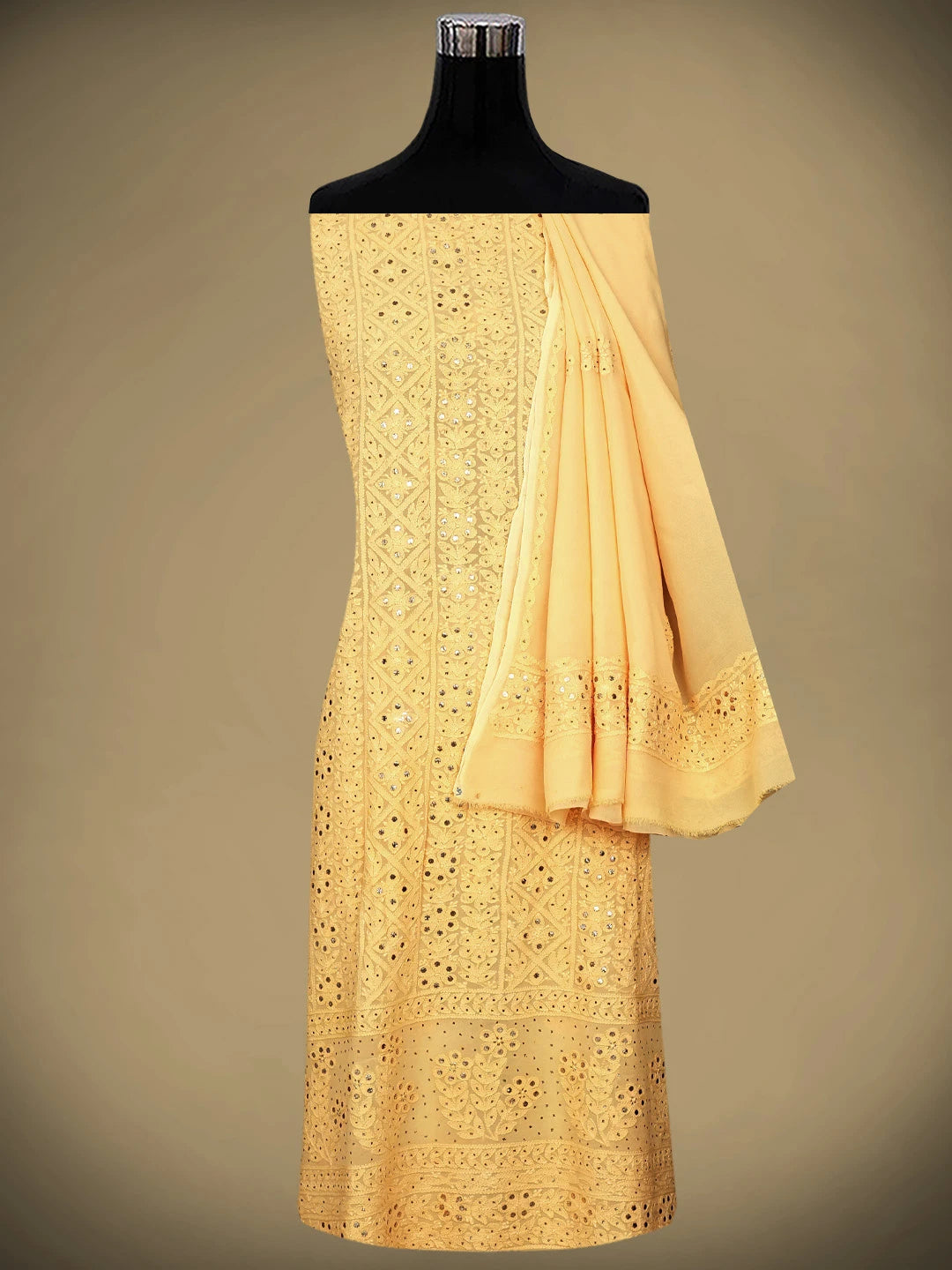 Ada Hand Embroidered Beige Viscose Georgette Lucknowi Chikankari Unstitched Kurta Dupatta Set With Muqaish Work 01A967059