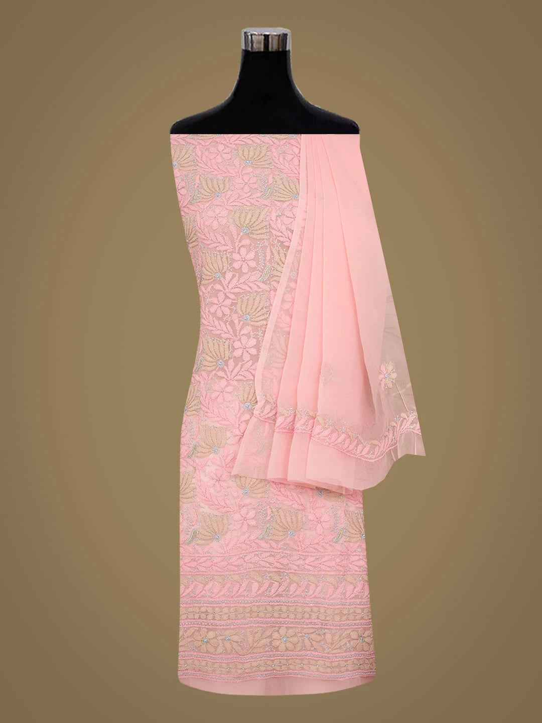 Ada Hand Embroidered Peach Faux Georgette Lucknowi Chikankari Unstitched Suit Piece 01A969586
