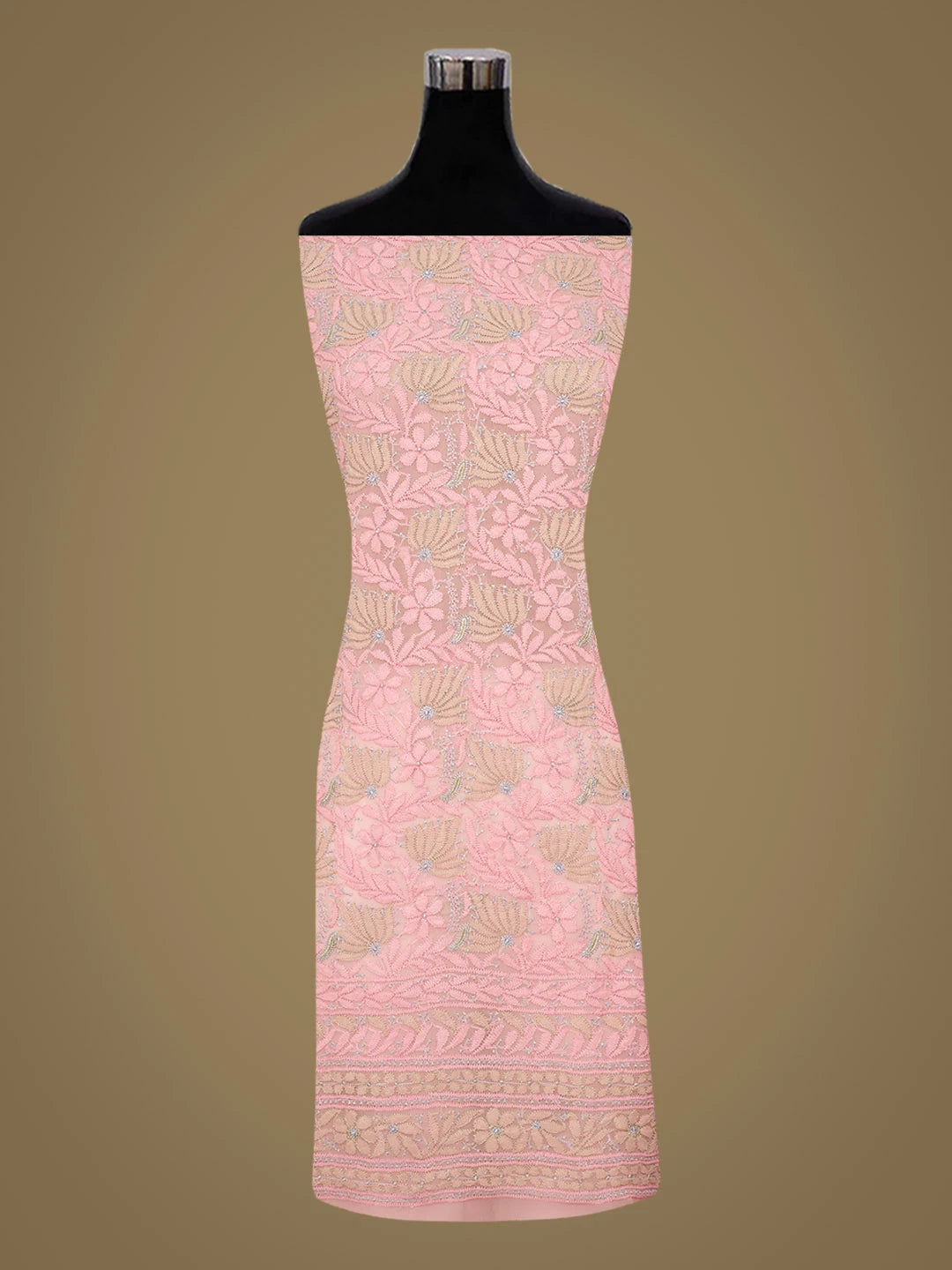 Ada Hand Embroidered Peach Faux Georgette Lucknowi Chikankari Unstitched Suit Piece 01A969586