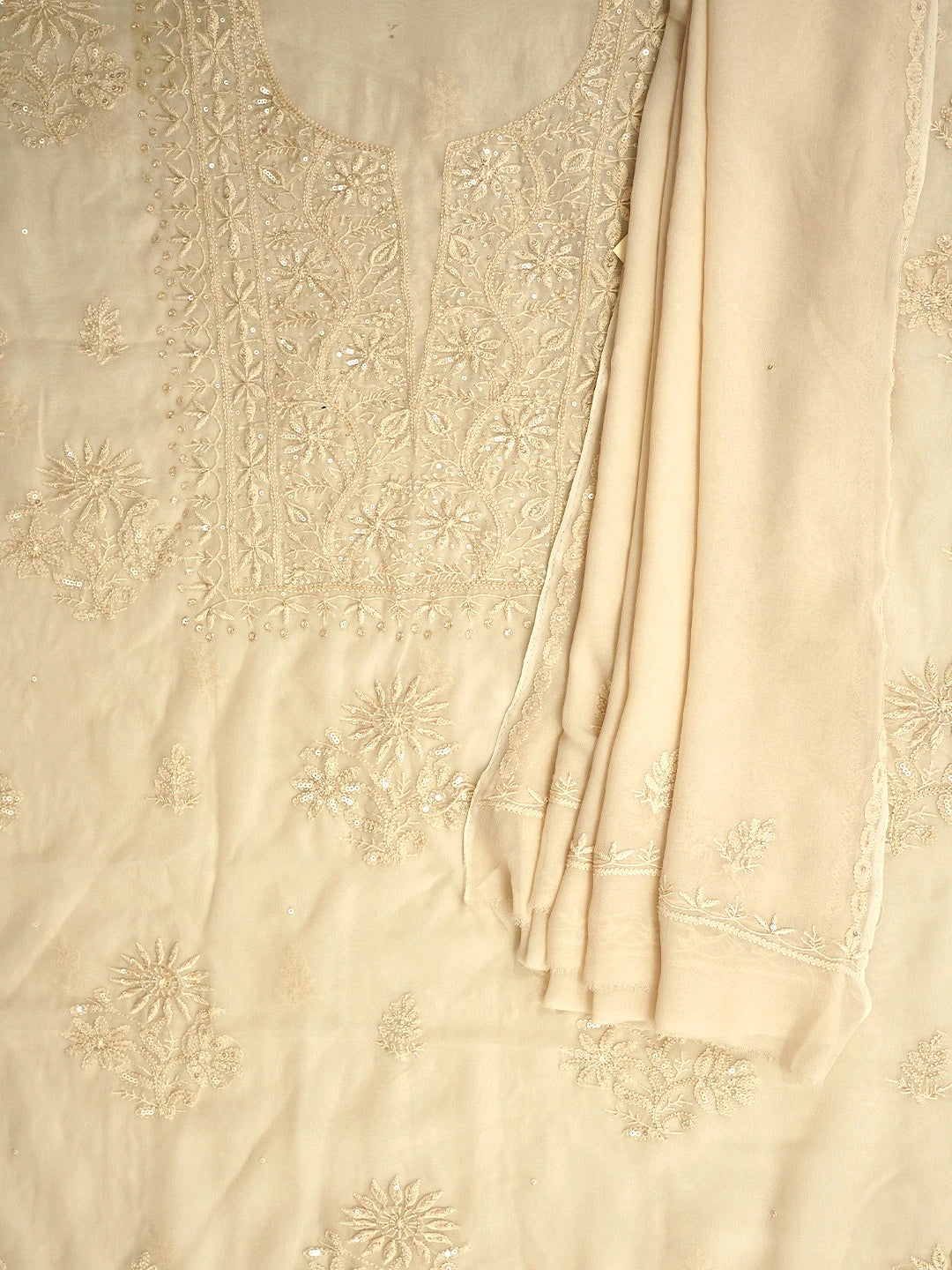 Ada Hand Embroidered Cream Viscose Georgette Lucknowi Chikankari Unstitched Kurta Dupatta Set With Cutdana Work 01A810428