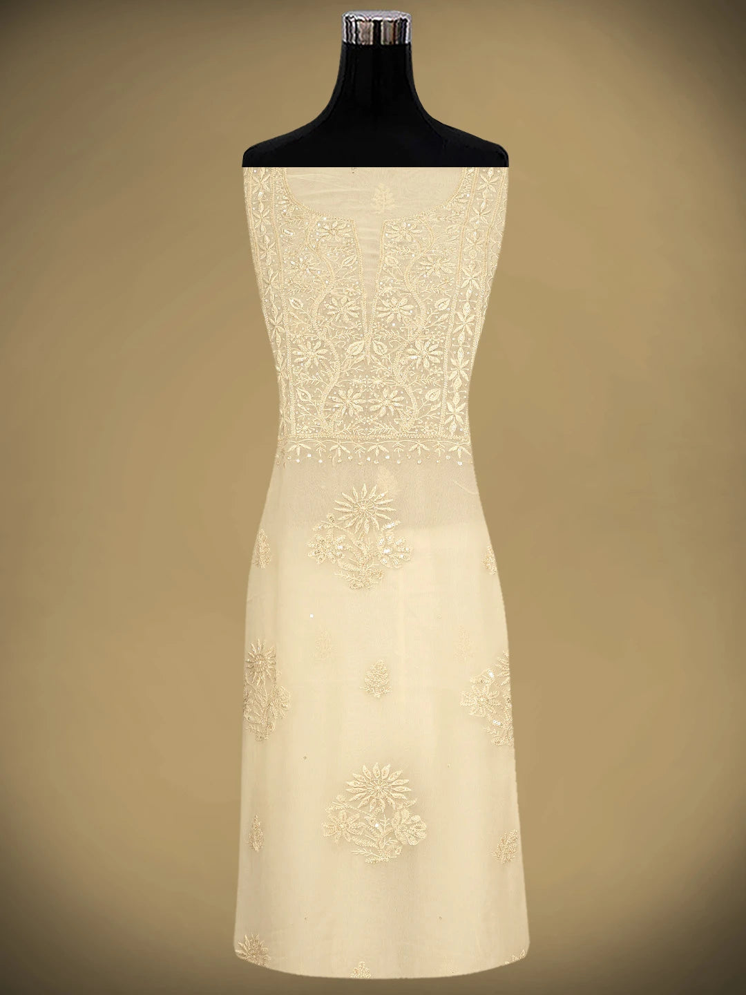 Ada Hand Embroidered Cream Viscose Georgette Lucknowi Chikankari Unstitched Kurta Dupatta Set With Cutdana Work 01A810428