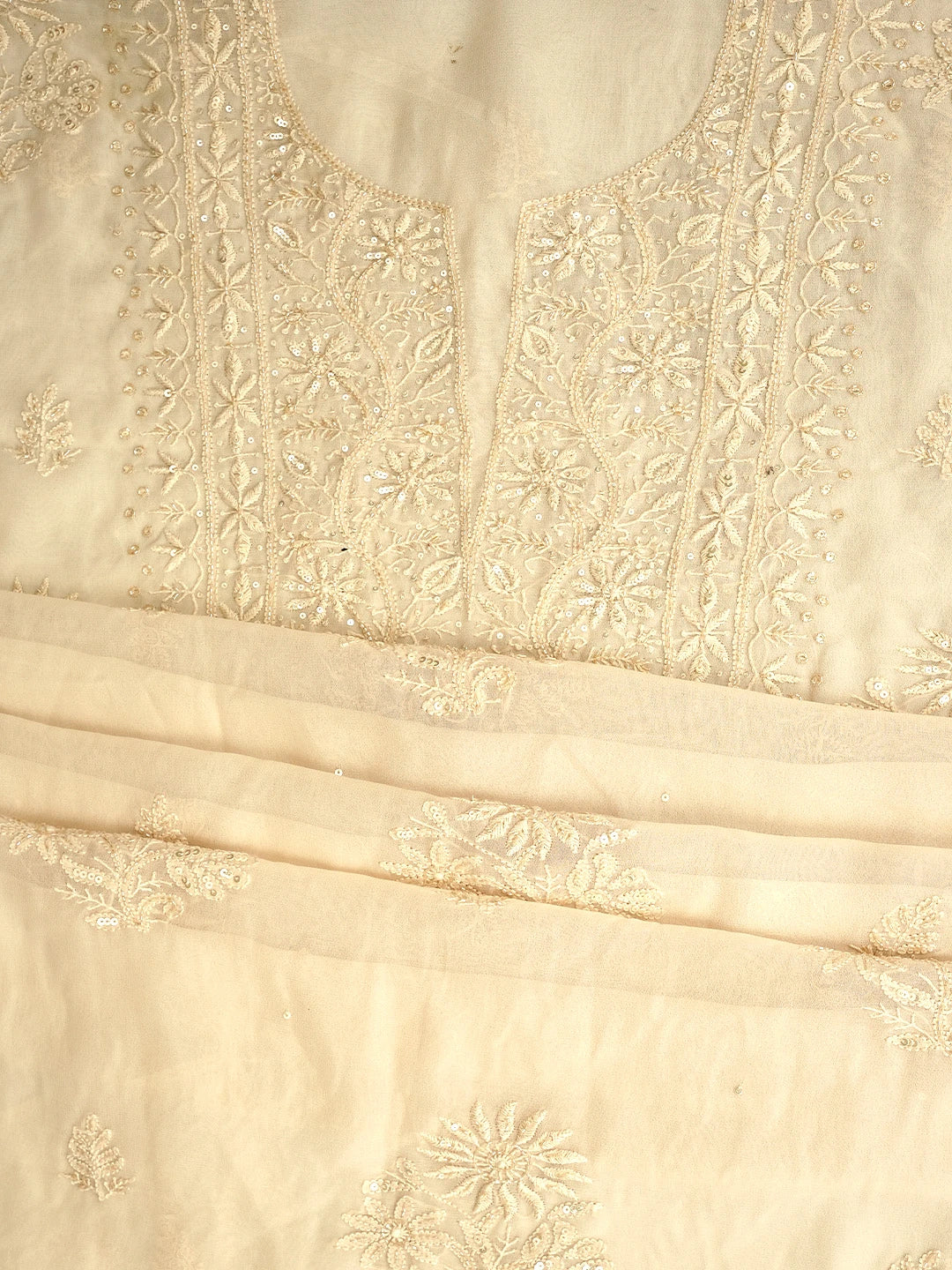 Ada Hand Embroidered Cream Viscose Georgette Lucknowi Chikankari Unstitched Kurta Dupatta Set With Cutdana Work 01A810428