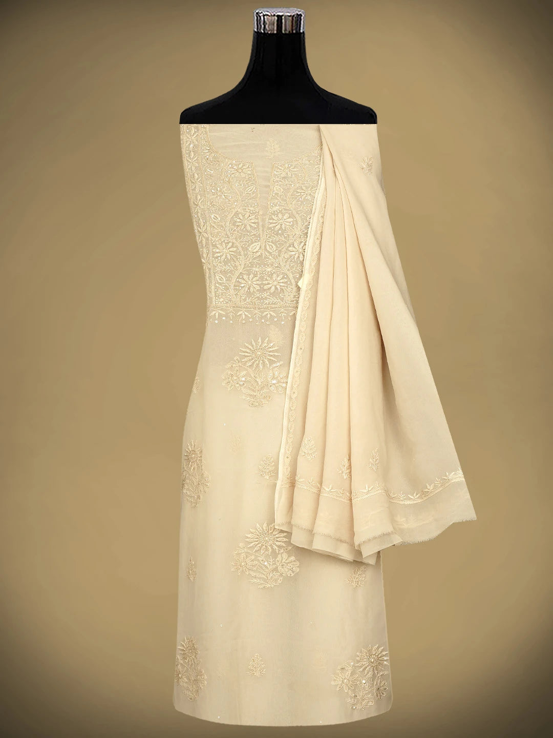 Ada Hand Embroidered Cream Viscose Georgette Lucknowi Chikankari Unstitched Kurta Dupatta Set With Cutdana Work 01A810428