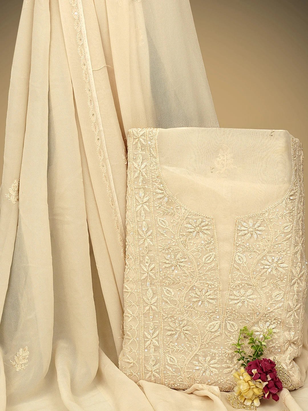Ada Hand Embroidered Cream Viscose Georgette Lucknowi Chikankari Unstitched Kurta Dupatta Set With Cutdana Work 01A810428
