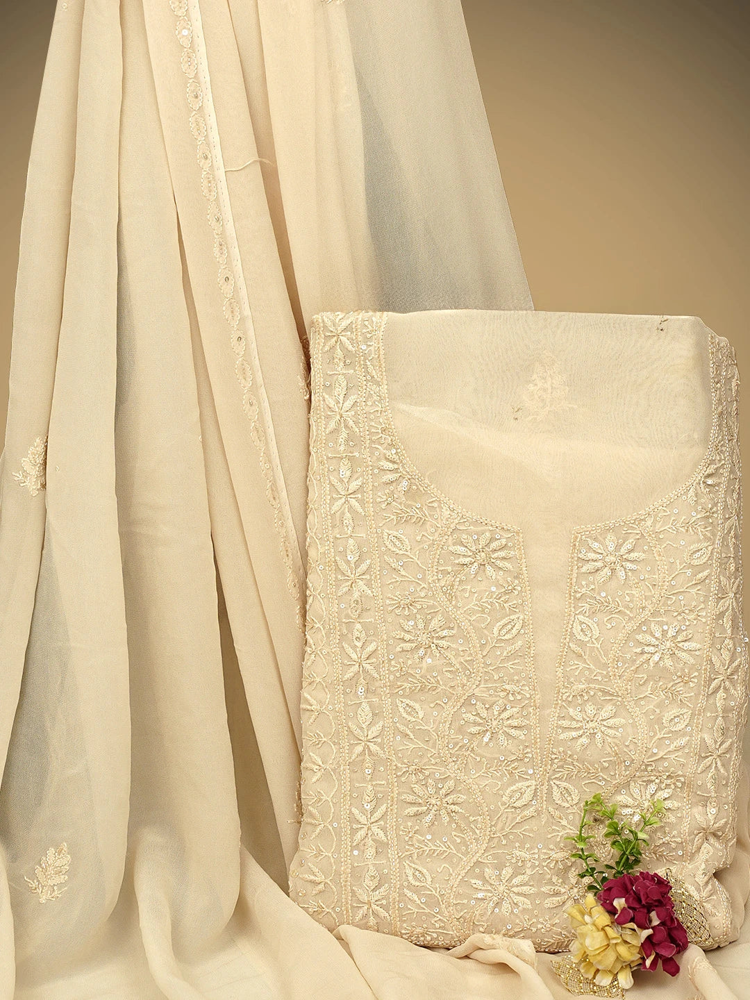 Ada Hand Embroidered Cream Viscose Georgette Lucknowi Chikankari Unstitched Kurta Dupatta Set With Cutdana Work 01A810428