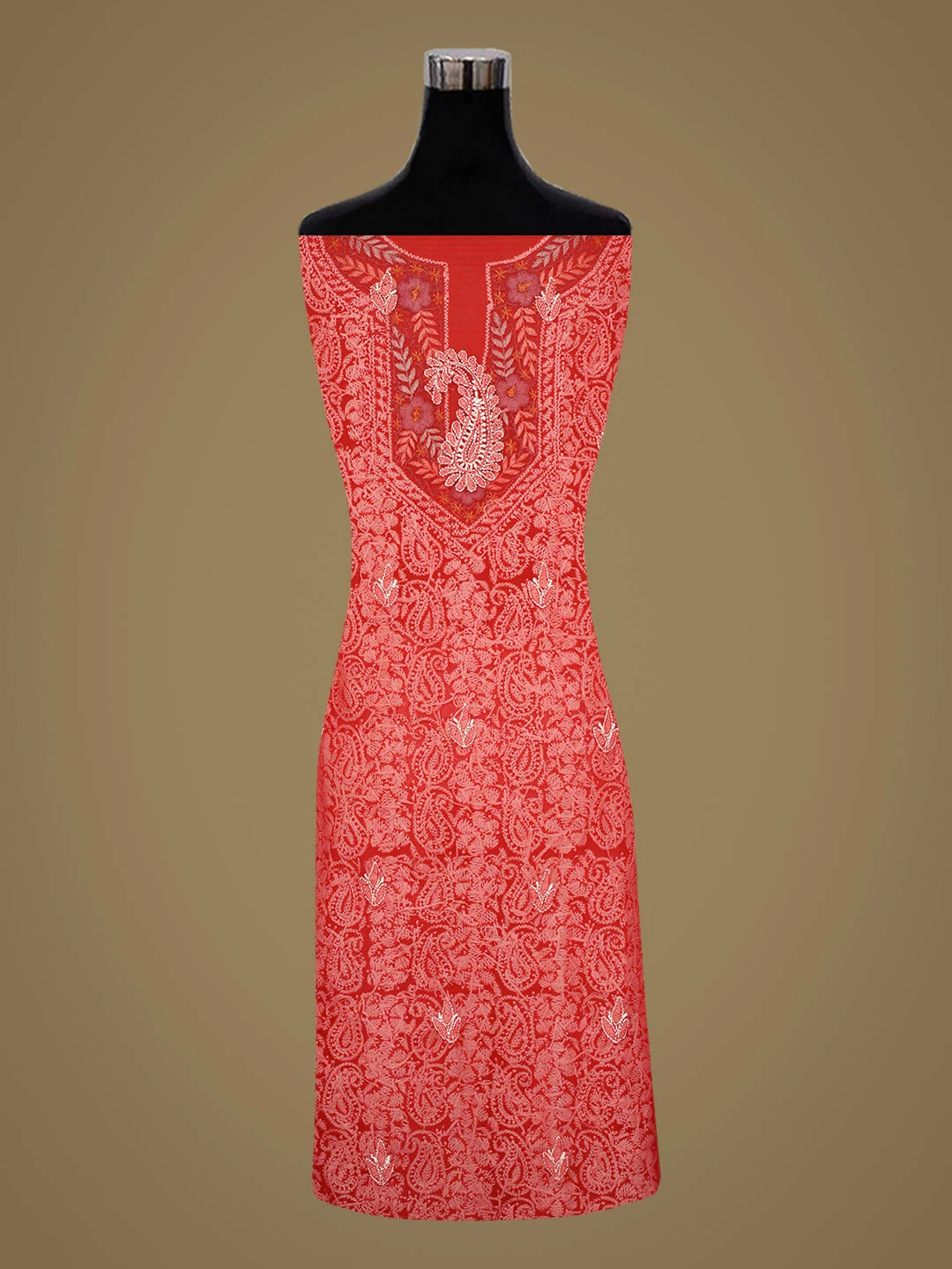 Ada Hand Embroidered Red Faux Georgette Lucknowi Chikankari Unstitched Suit Piece With Parsi Work 01A963498