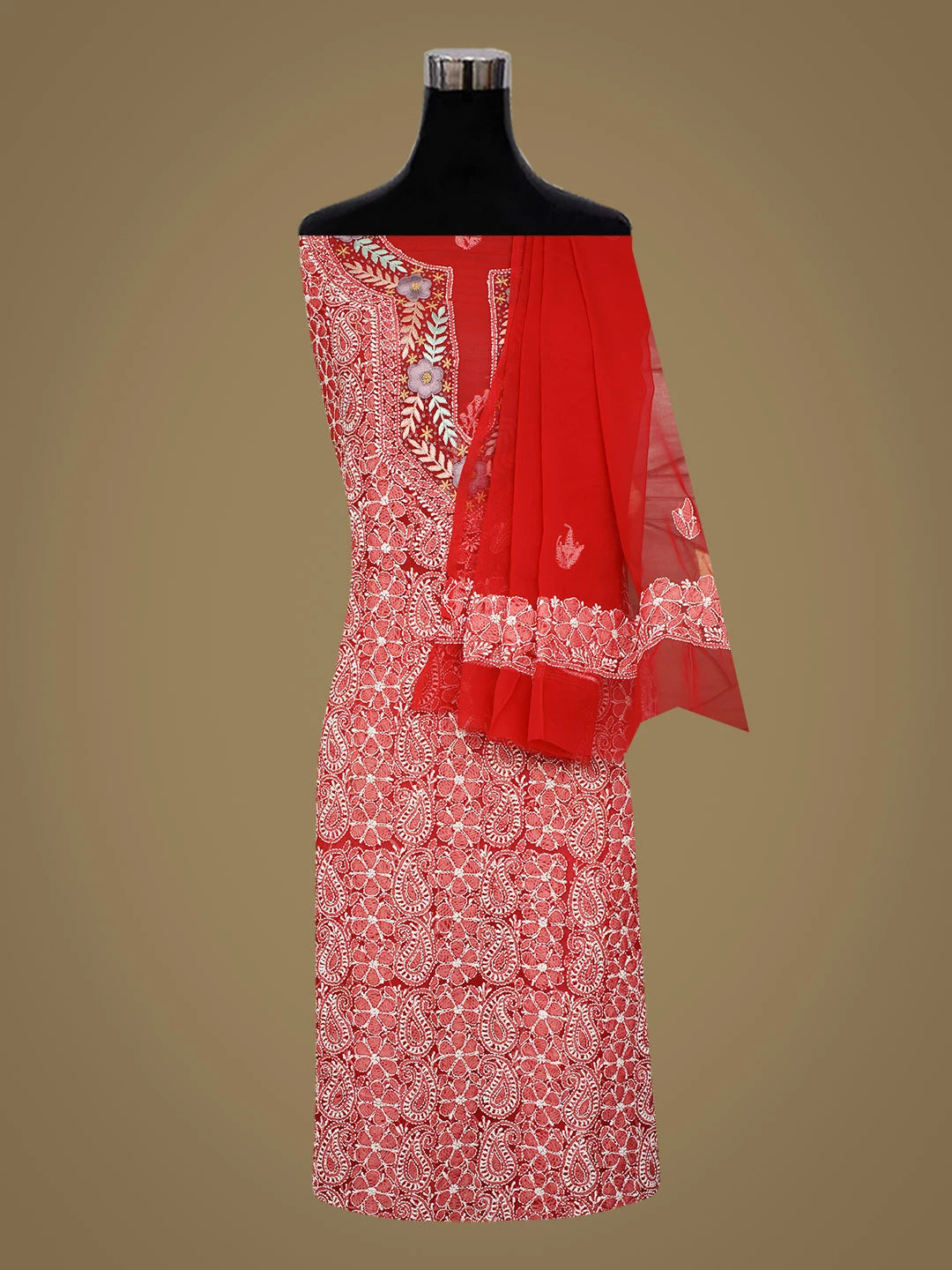 Ada Hand Embroidered Red Faux Georgette Lucknowi Chikankari Unstitched Suit Piece With Parsi Work 01A963498