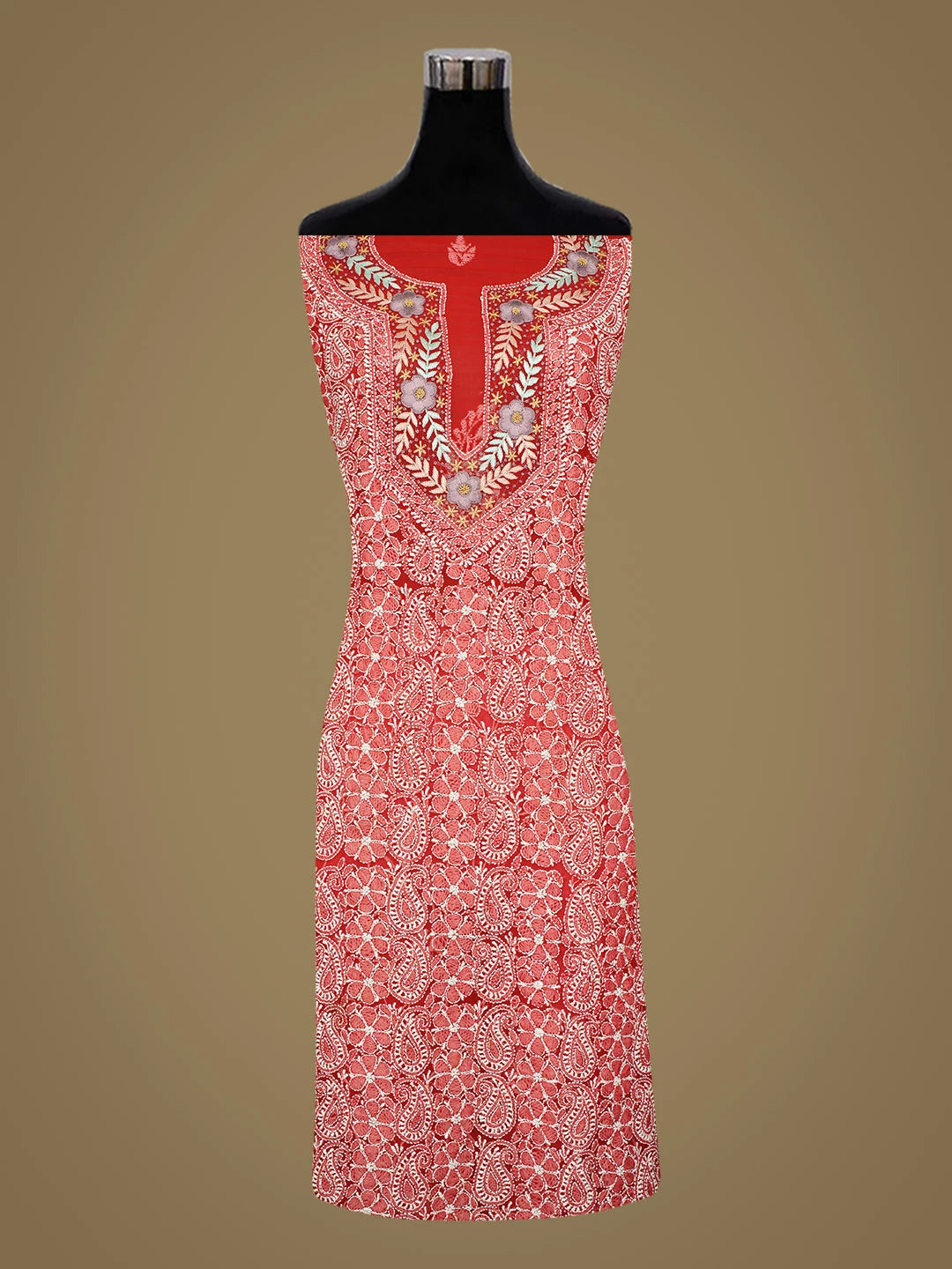 Ada Hand Embroidered Red Faux Georgette Lucknowi Chikankari Unstitched Suit Piece With Parsi Work 01A963498