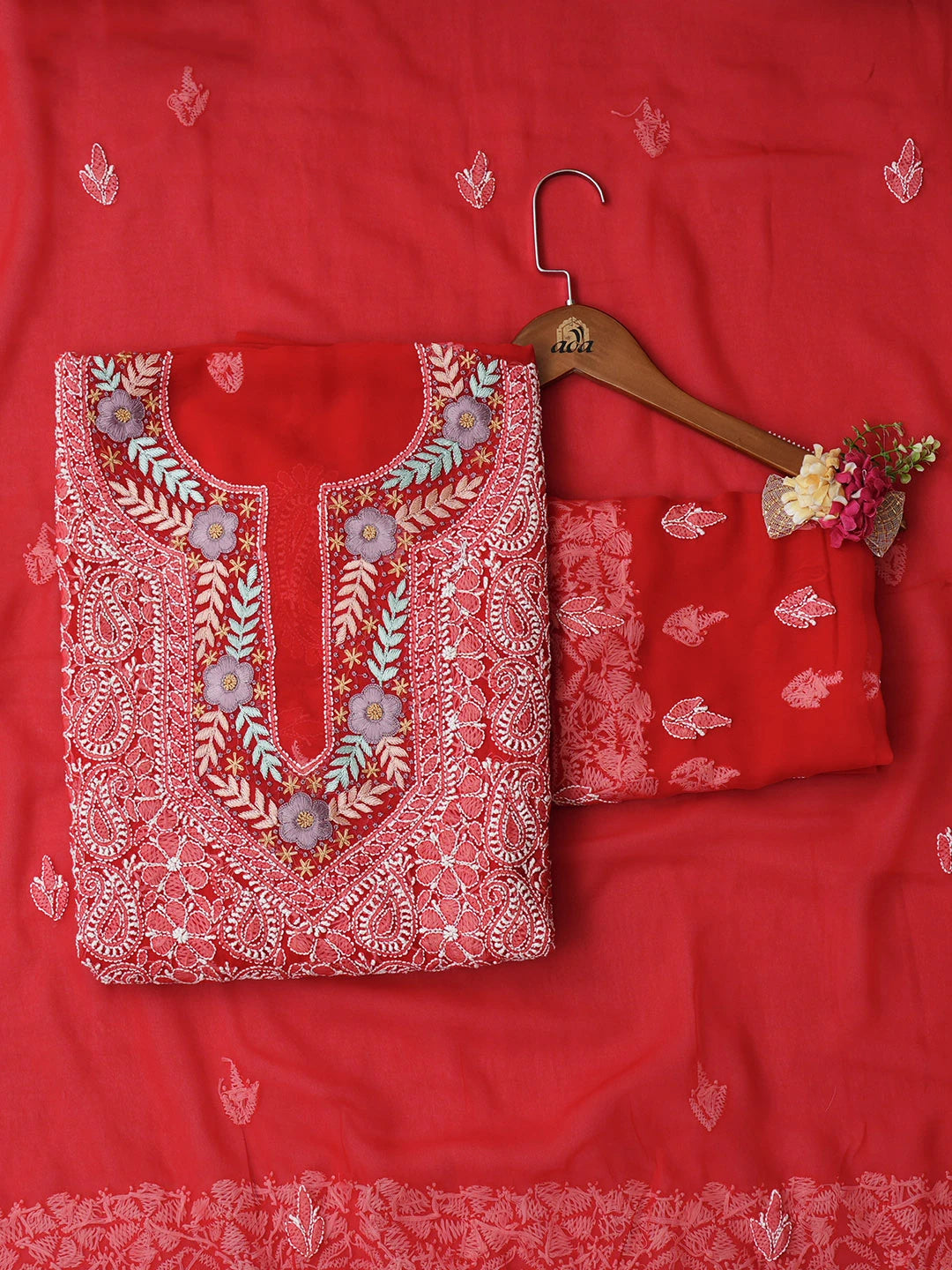 Ada Hand Embroidered Red Faux Georgette Lucknowi Chikankari Unstitched Suit Piece With Parsi Work 01A963498