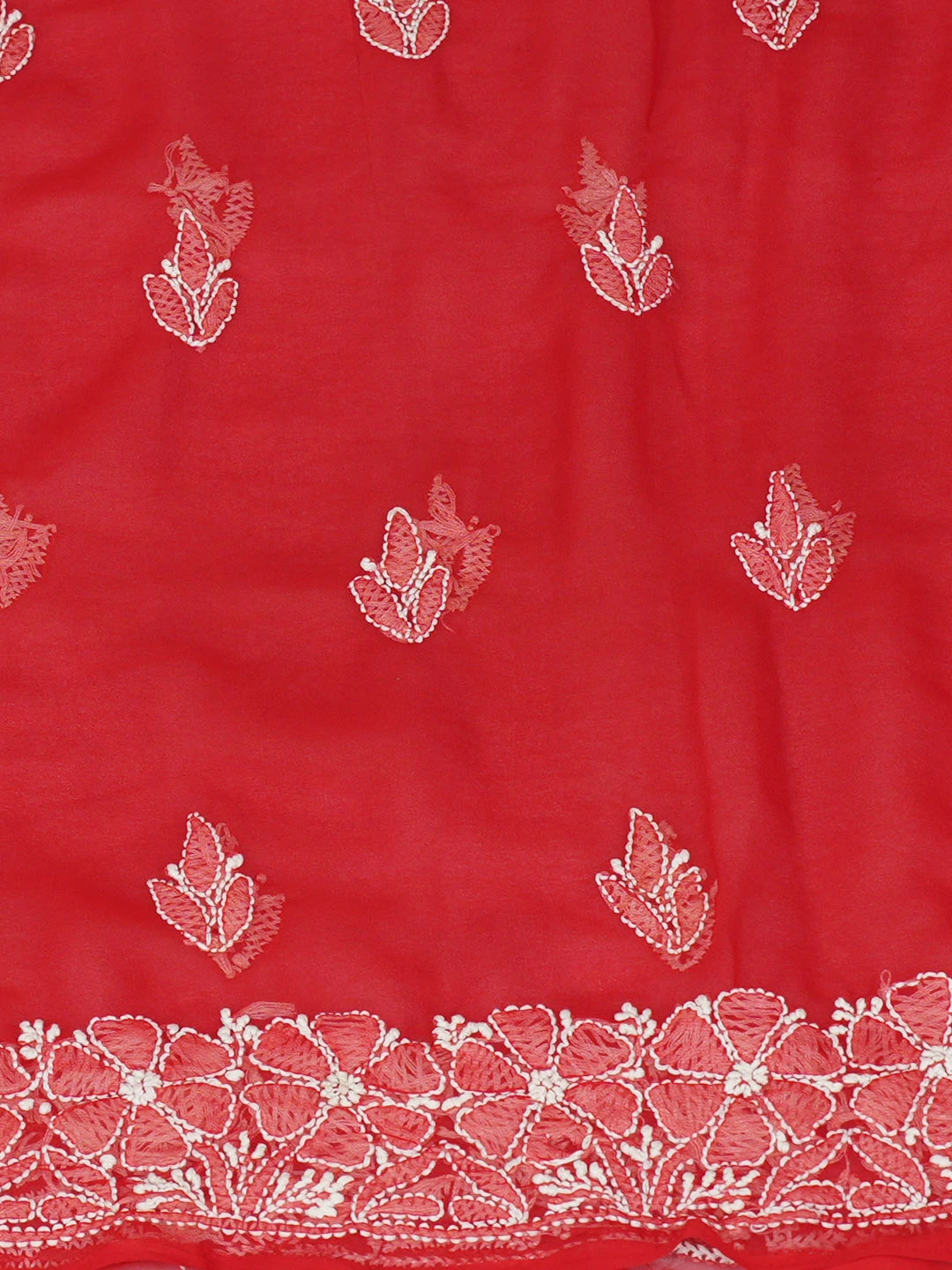 Ada Hand Embroidered Red Faux Georgette Lucknowi Chikankari Unstitched Suit Piece With Parsi Work 01A963498