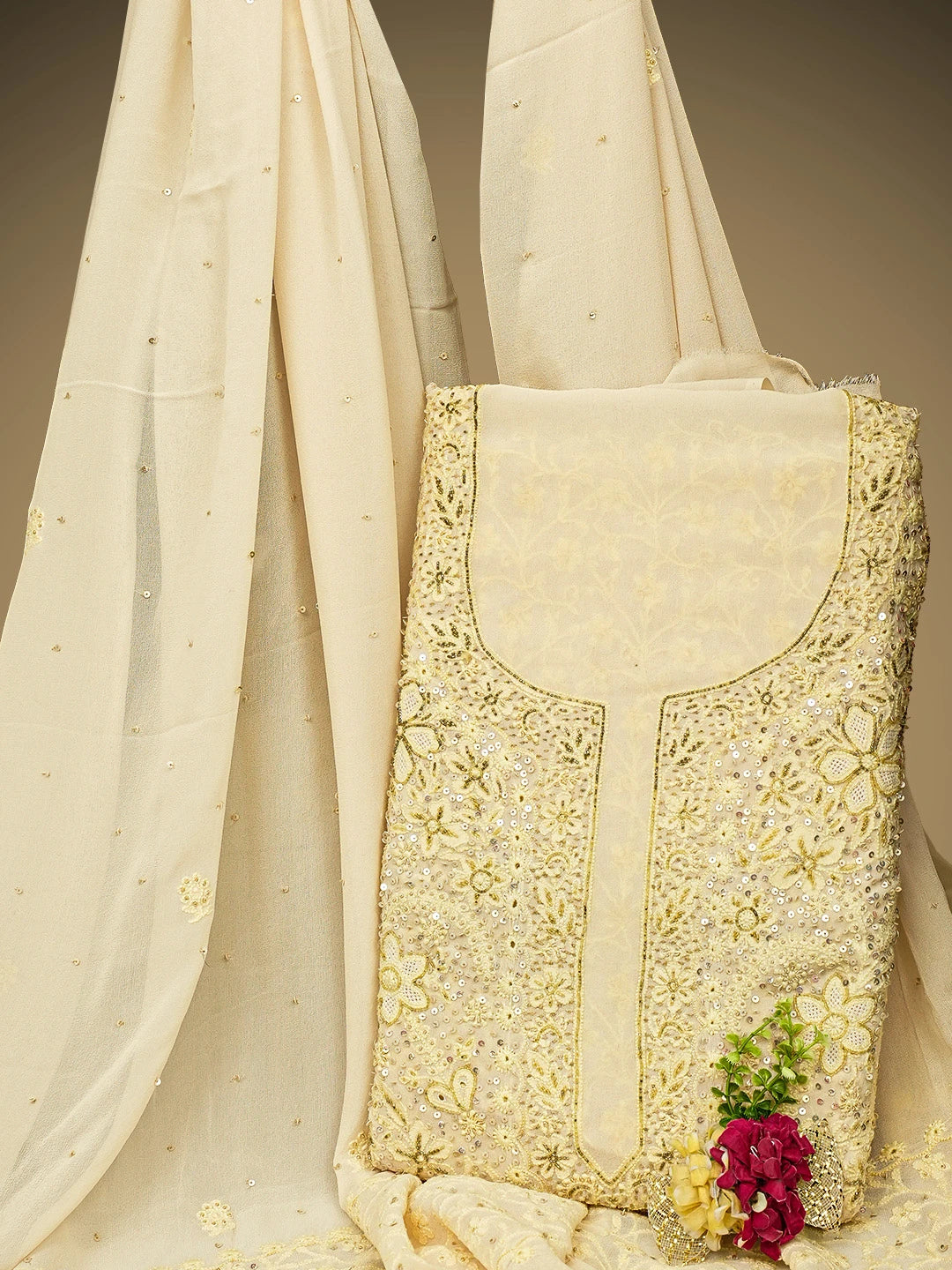 Ada Hand Embroidered Pearl Beige Pure Georgette Lucknowi Chikankari Unstitched Kurta Dupatta Set With Sequinned Work 01A133903