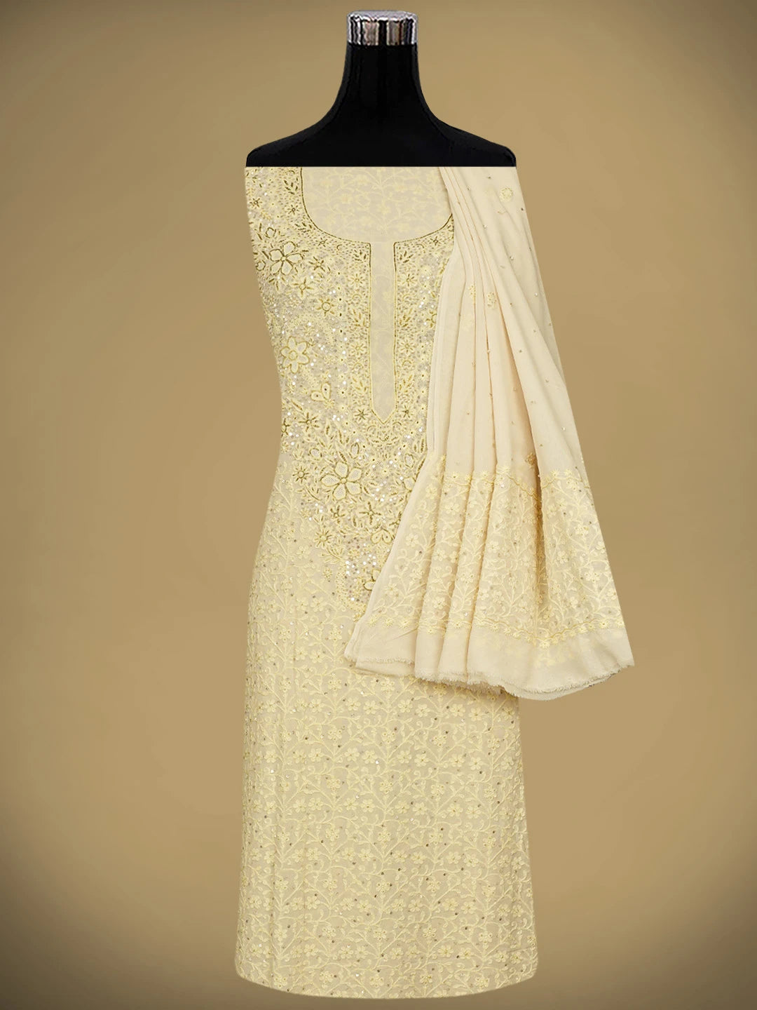 Ada Hand Embroidered Pearl Beige Pure Georgette Lucknowi Chikankari Unstitched Kurta Dupatta Set With Sequinned Work 01A133903
