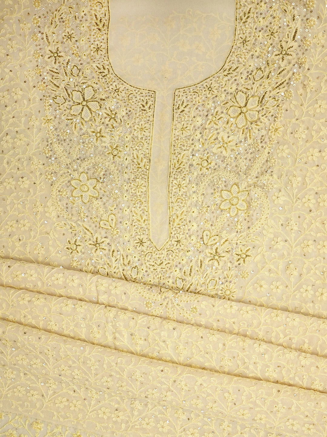 Ada Hand Embroidered Pearl Beige Pure Georgette Lucknowi Chikankari Unstitched Kurta Dupatta Set With Sequinned Work 01A133903