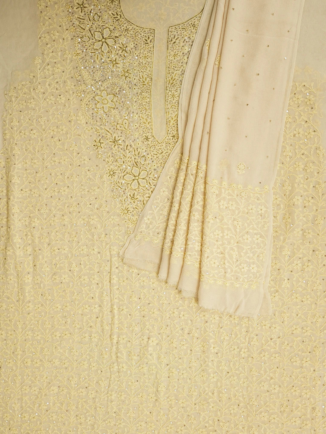 Ada Hand Embroidered Pearl Beige Pure Georgette Lucknowi Chikankari Unstitched Kurta Dupatta Set With Sequinned Work 01A133903