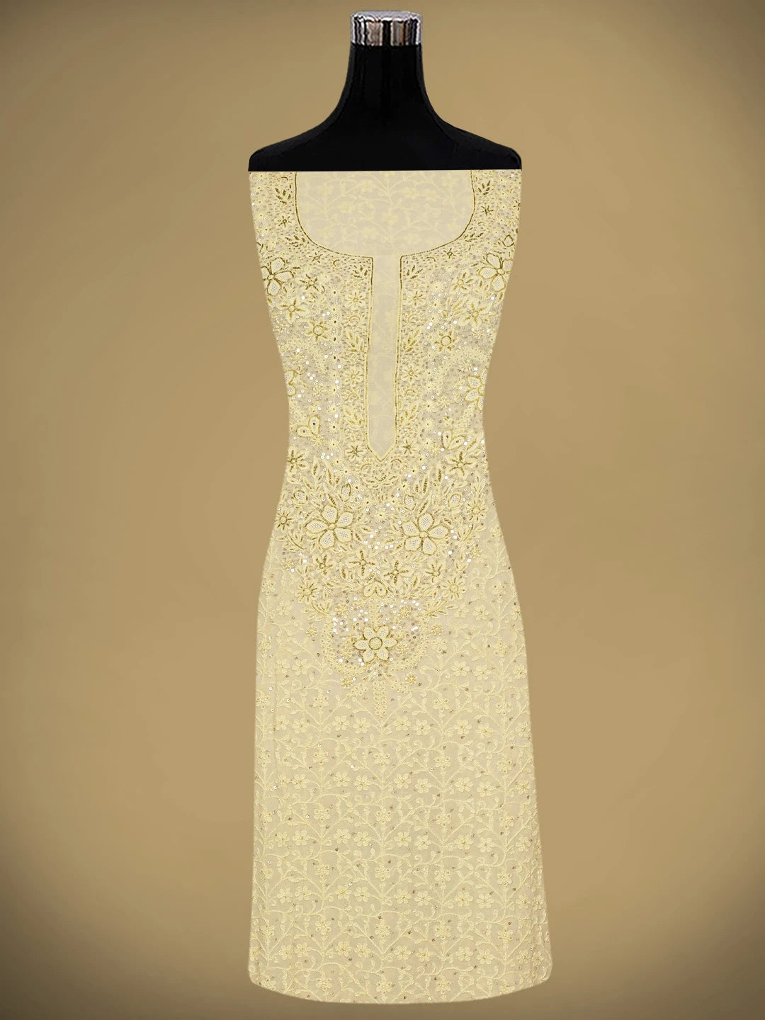 Ada Hand Embroidered Pearl Beige Pure Georgette Lucknowi Chikankari Unstitched Kurta Dupatta Set With Sequinned Work 01A133903