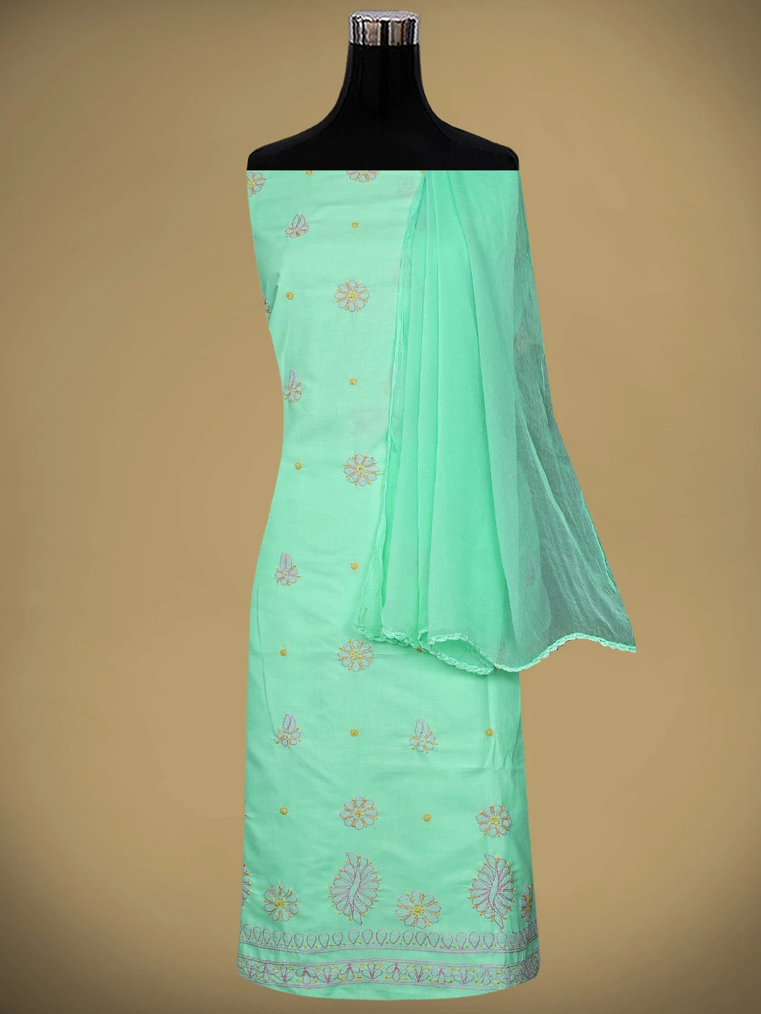 Ada Hand Embroidered Sea Green Cotton Lucknowi Chikankari Unstitched Suit Piece with Chiffon Dupatta 01A818712