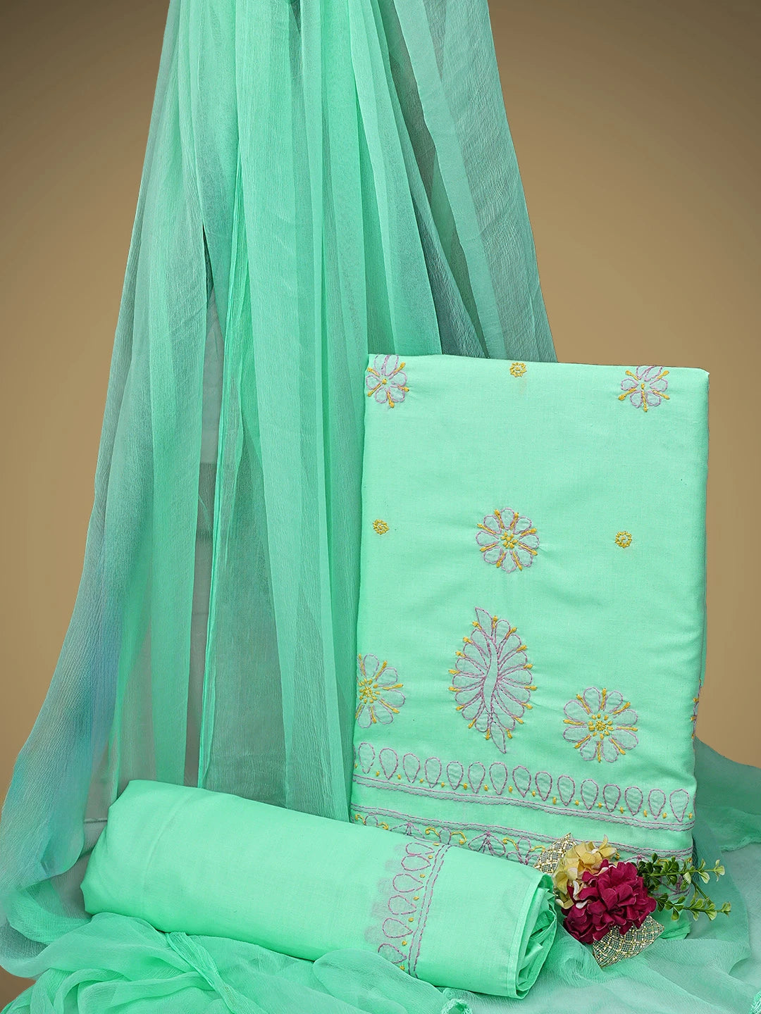 Ada Hand Embroidered Sea Green Cotton Lucknowi Chikankari Unstitched Suit Piece with Chiffon Dupatta 01A818712