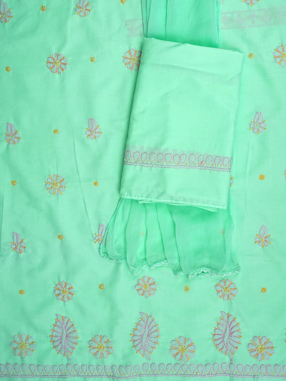 Ada Hand Embroidered Sea Green Cotton Lucknowi Chikankari Unstitched Suit Piece with Chiffon Dupatta 01A818712