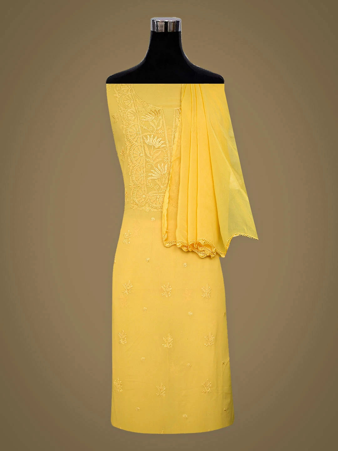Ada Hand Embroidered Yellow Viscose Georgette Lucknowi Chikankari Unstitched Suit Piece with Chiffon Dupatta 01A922566