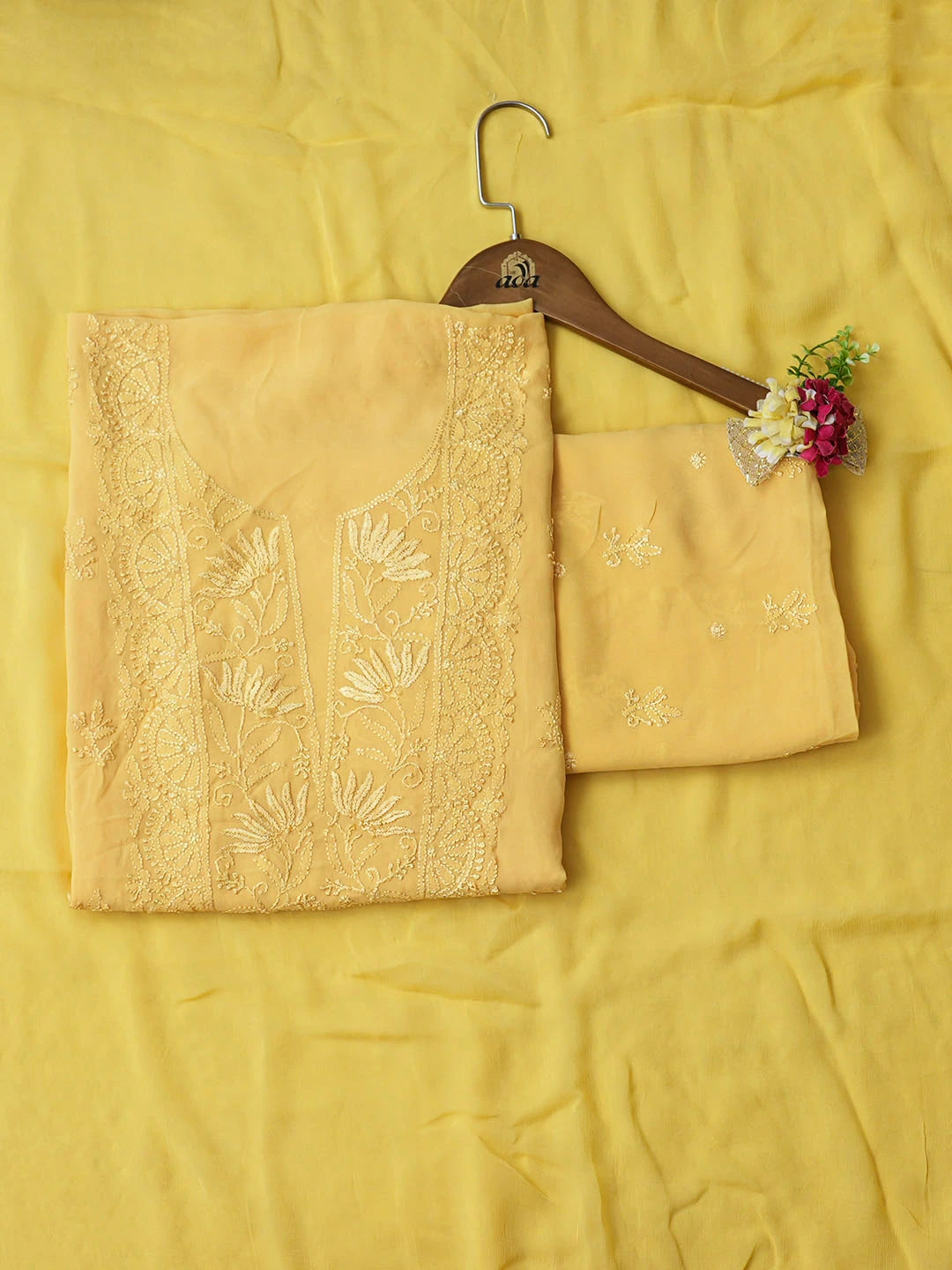 Ada Hand Embroidered Yellow Viscose Georgette Lucknowi Chikankari Unstitched Suit Piece with Chiffon Dupatta 01A922566