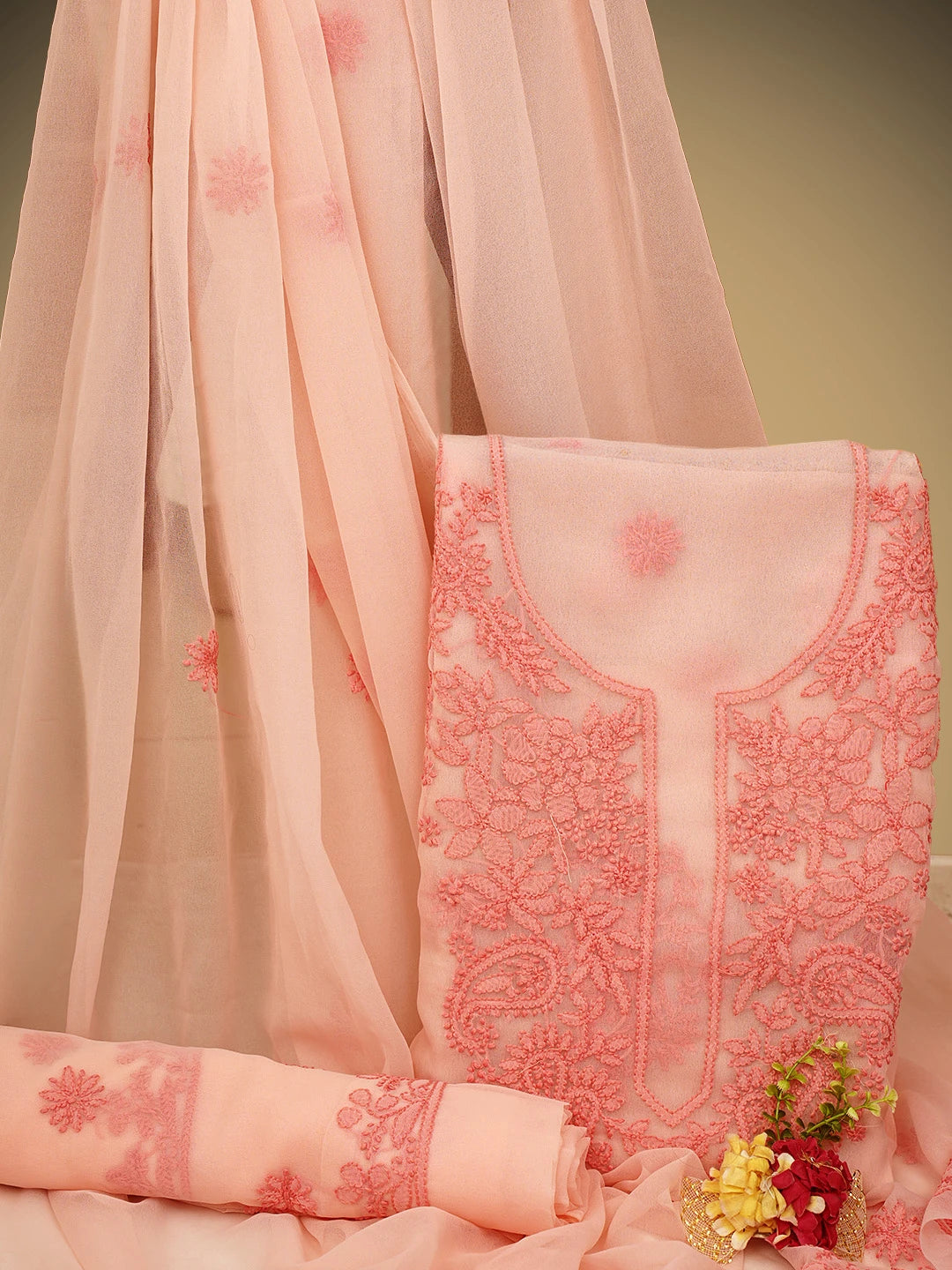 Ada Hand Embroidered Peach Georgette Lucknowi Chikankari Unstitched Suit Piece 01A966630
