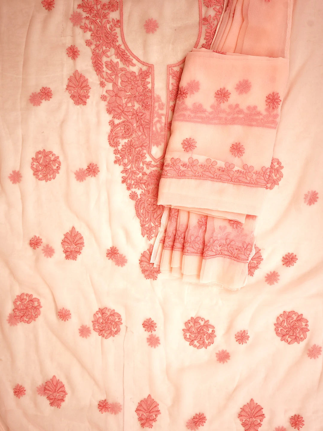 Ada Hand Embroidered Peach Georgette Lucknowi Chikankari Unstitched Suit Piece 01A966630
