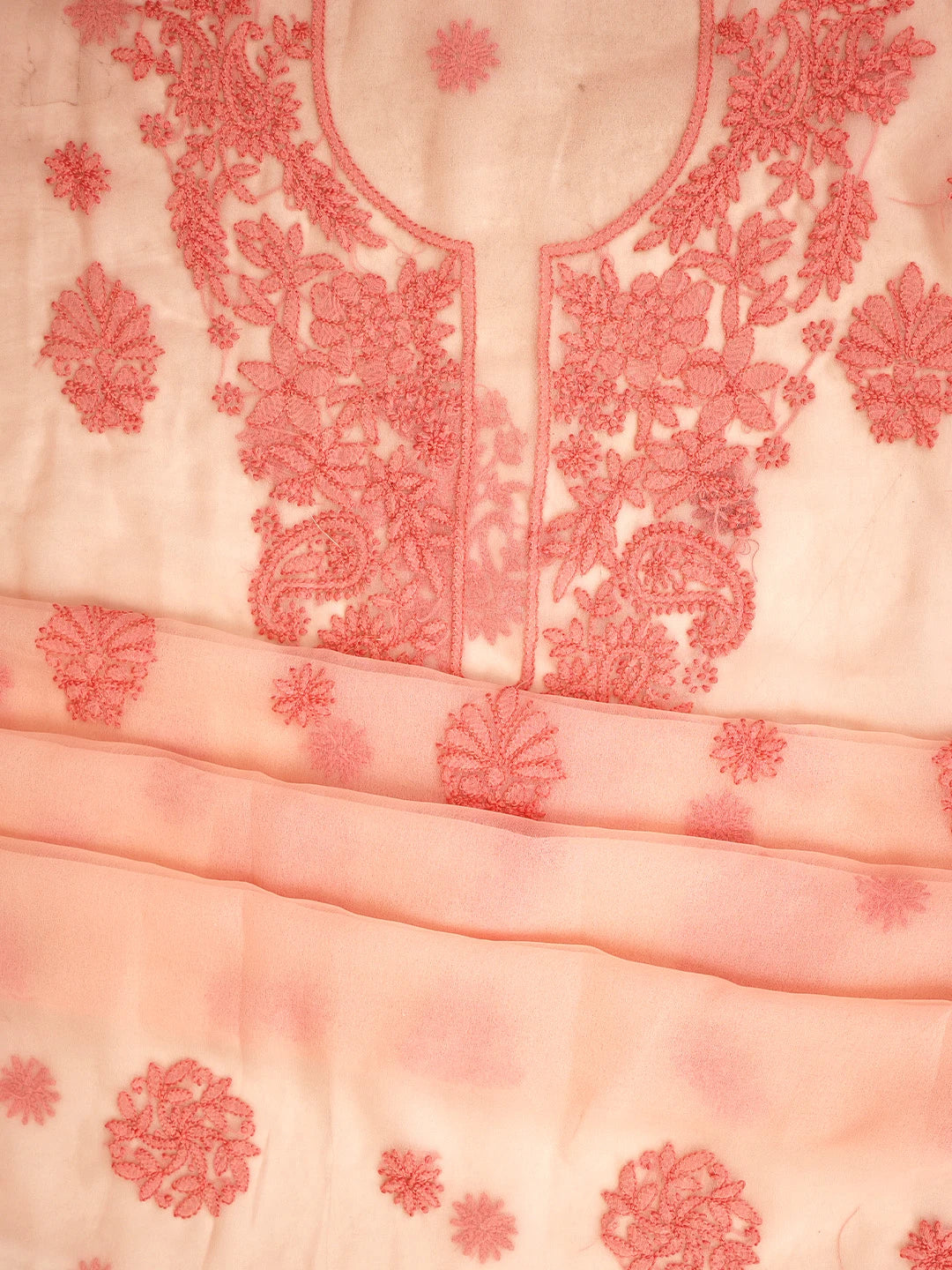 Ada Hand Embroidered Peach Georgette Lucknowi Chikankari Unstitched Suit Piece 01A966630