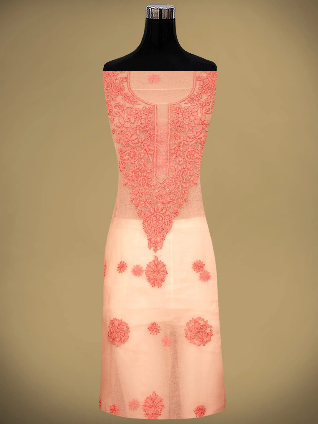 Ada Hand Embroidered Peach Georgette Lucknowi Chikankari Unstitched Suit Piece 01A966630