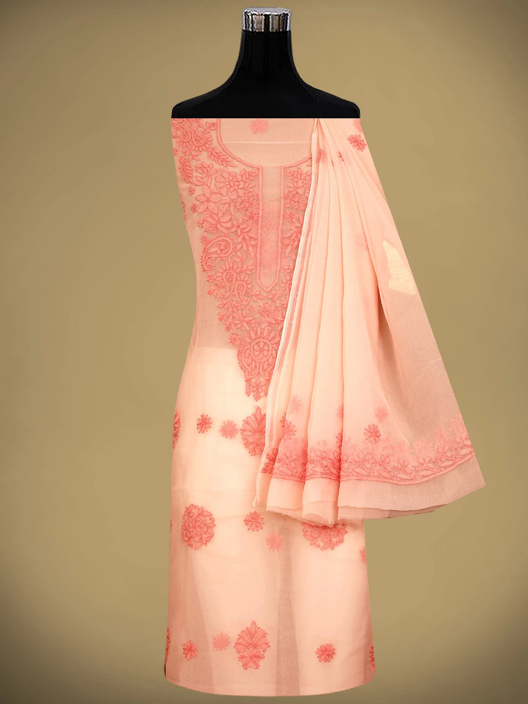 Ada Hand Embroidered Peach Georgette Lucknowi Chikankari Unstitched Suit Piece 01A966630
