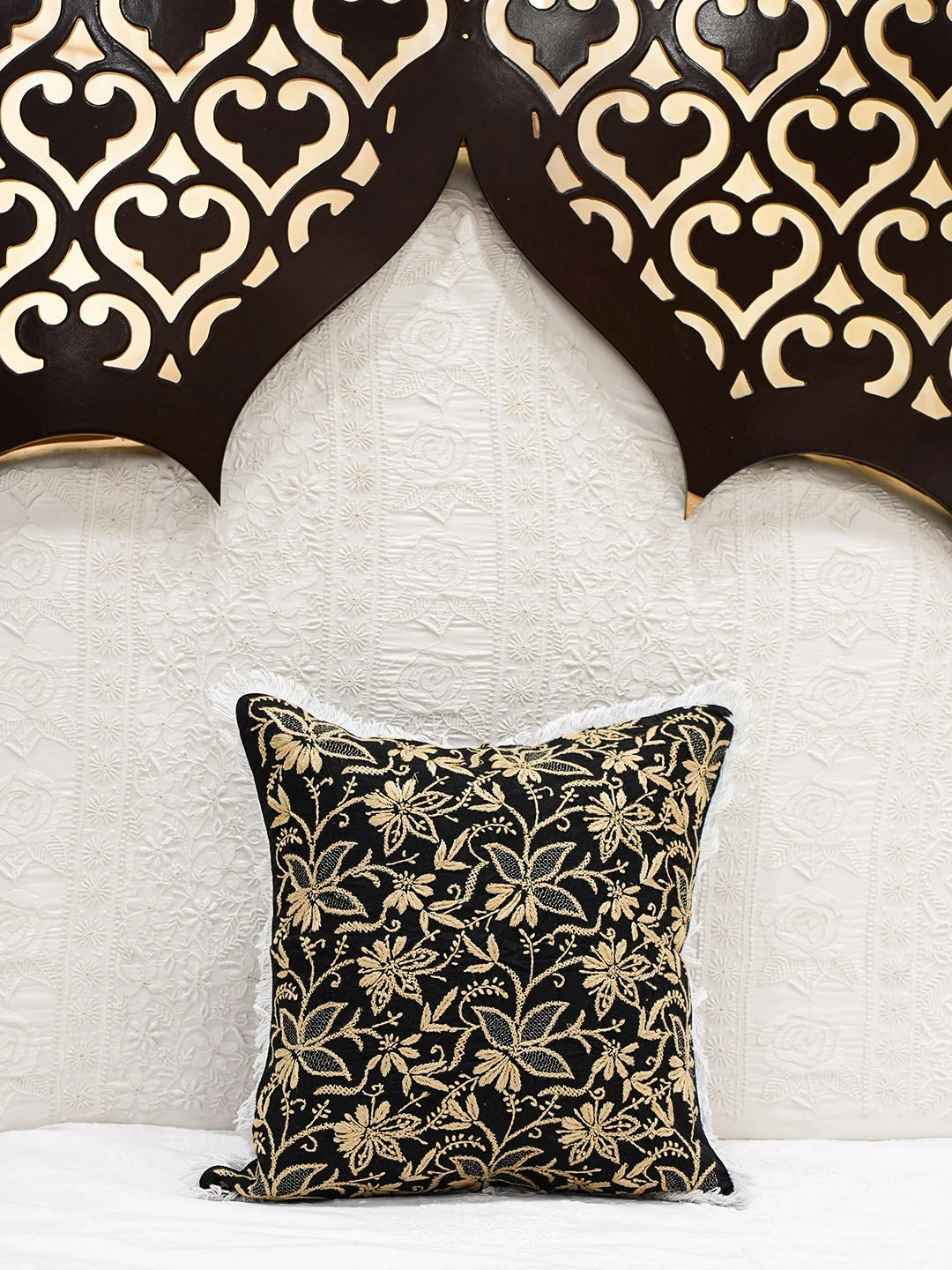 Ada Hand Embroidered Black Cotton Lucknowi Chikankari Cushion Cover With Zari Taar Work 01A586818