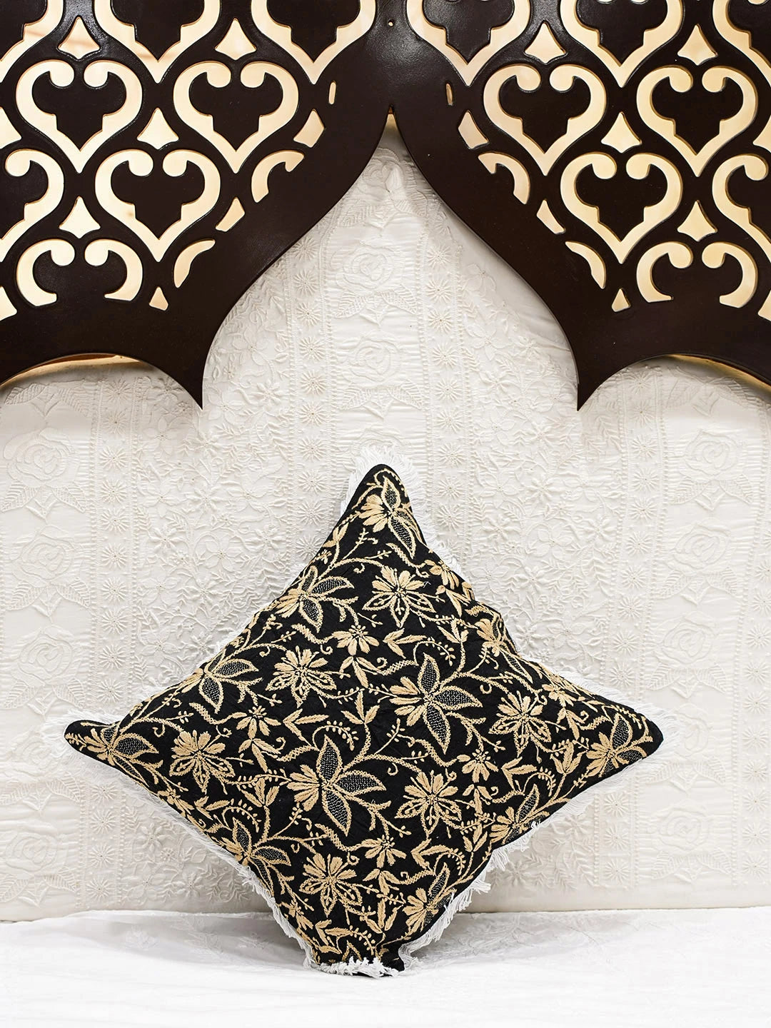 Ada Hand Embroidered Black Cotton Lucknowi Chikankari Cushion Cover With Zari Taar Work 01A586818
