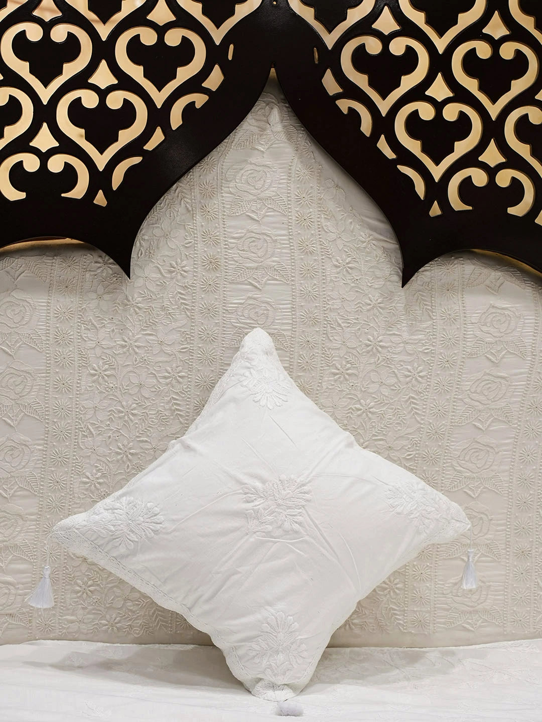 Ada Hand Embroidered White Cotton Lucknowi Chikankari Cushion Cover 01A752305