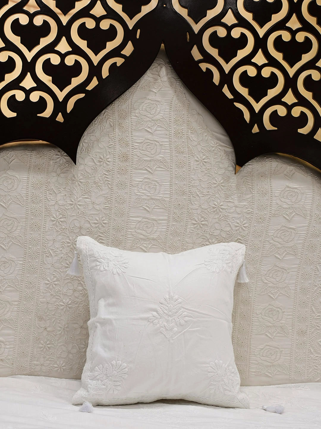 Ada Hand Embroidered White Cotton Lucknowi Chikankari Cushion Cover 01A752305