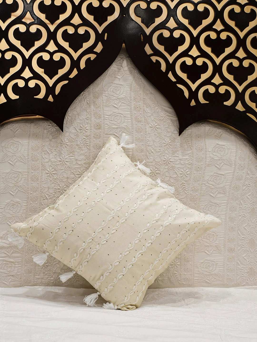 Ada Hand Embroidered Beige Chanderi Lucknowi Chikankari Cushion Cover with Muqaish/Mukaish Work 01A597888