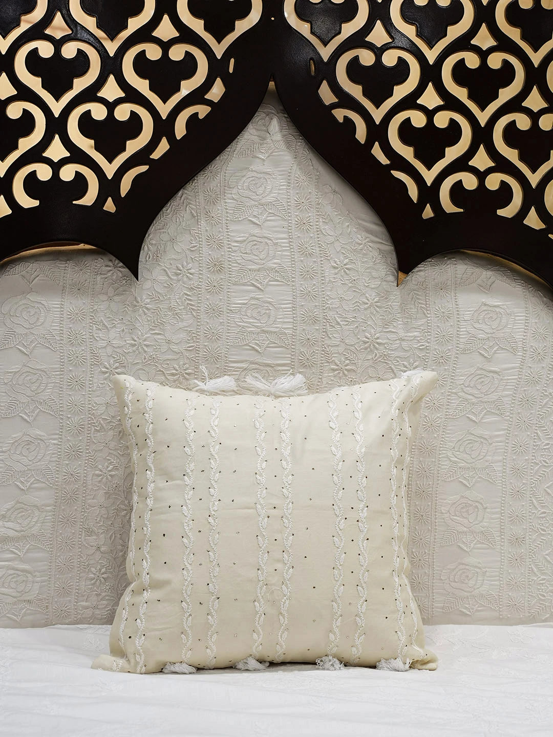 Ada Hand Embroidered Beige Chanderi Lucknowi Chikankari Cushion Cover with Muqaish/Mukaish Work 01A597888