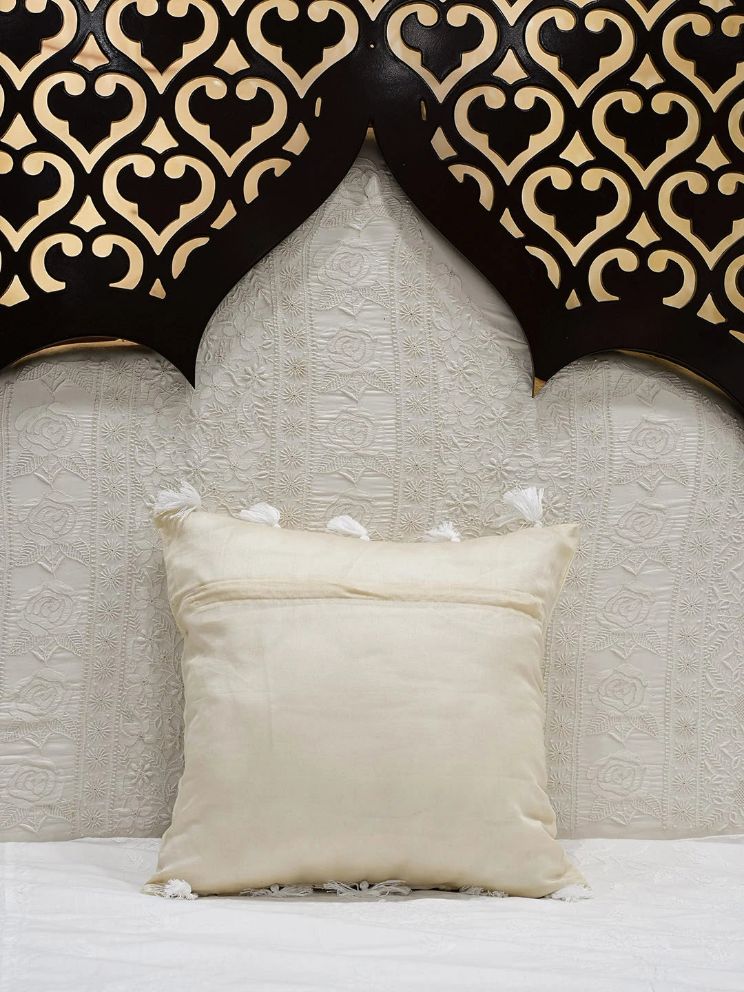Ada Hand Embroidered Beige Chanderi Lucknowi Chikankari Cushion Cover with Muqaish/Mukaish Work 01A597888