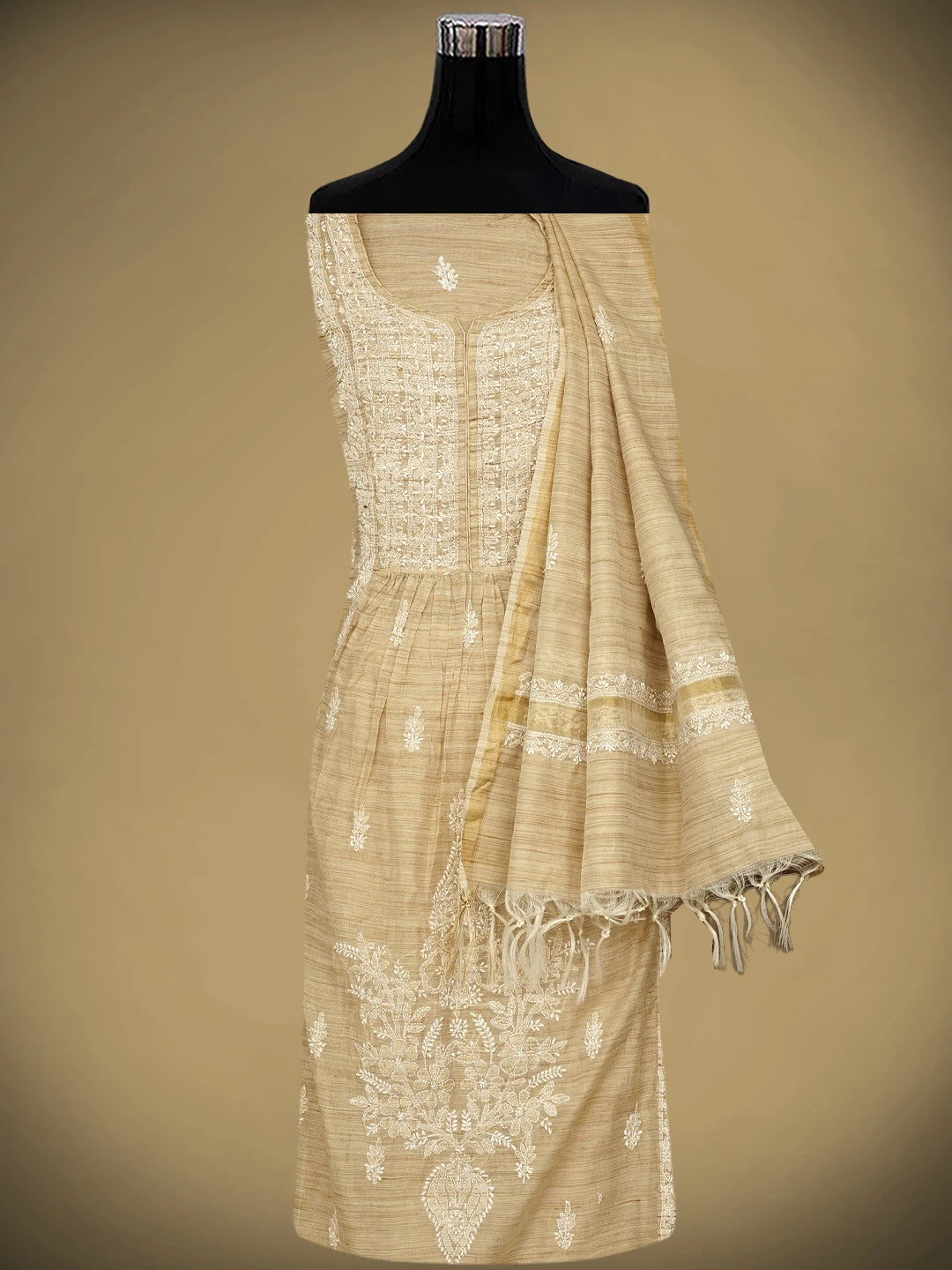 Ada Hand Embroidered Fawn Khadi Lucknowi Chikankari Semi-Stitched Kurta Dupatta Set 01A792090