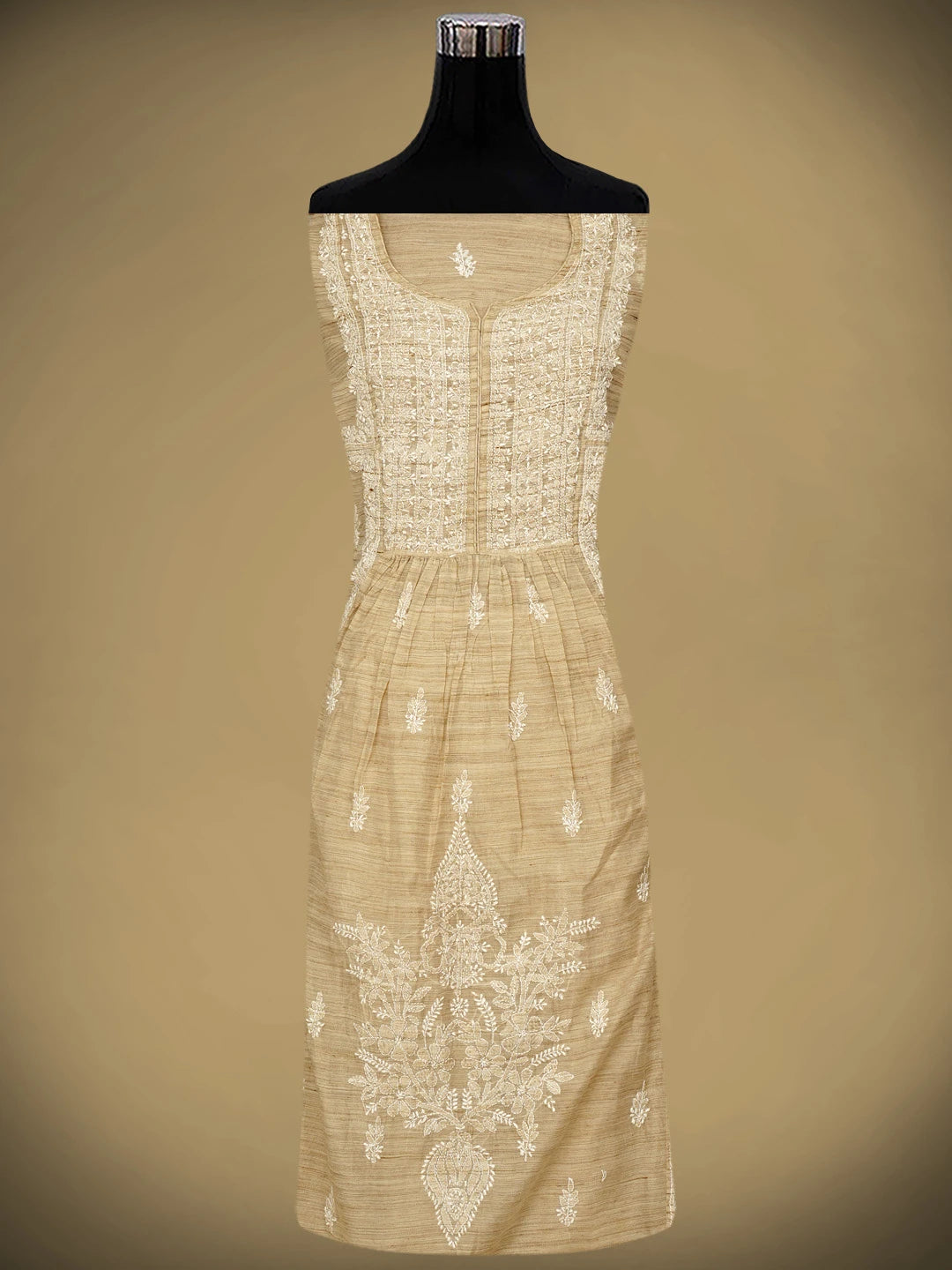 Ada Hand Embroidered Fawn Khadi Lucknowi Chikankari Semi-Stitched Kurta Dupatta Set 01A792090