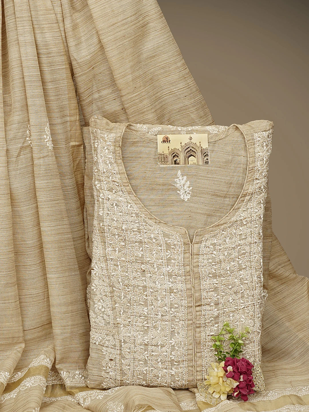 Ada Hand Embroidered Fawn Khadi Lucknowi Chikankari Semi-Stitched Kurta Dupatta Set 01A792090