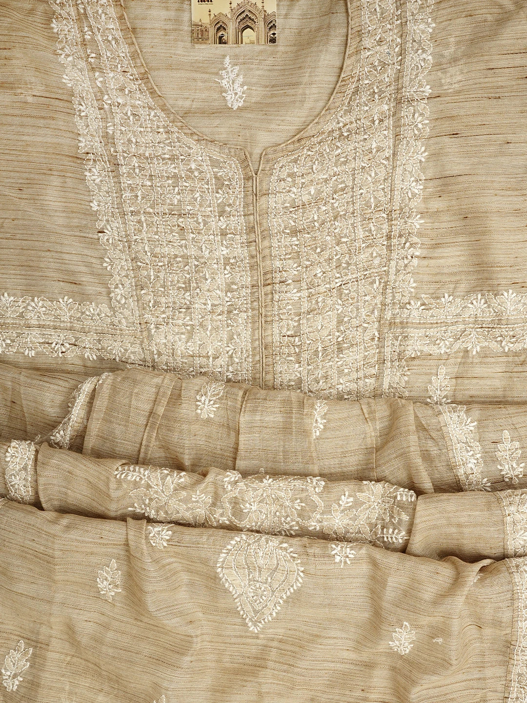 Ada Hand Embroidered Fawn Khadi Lucknowi Chikankari Semi-Stitched Kurta Dupatta Set 01A792090